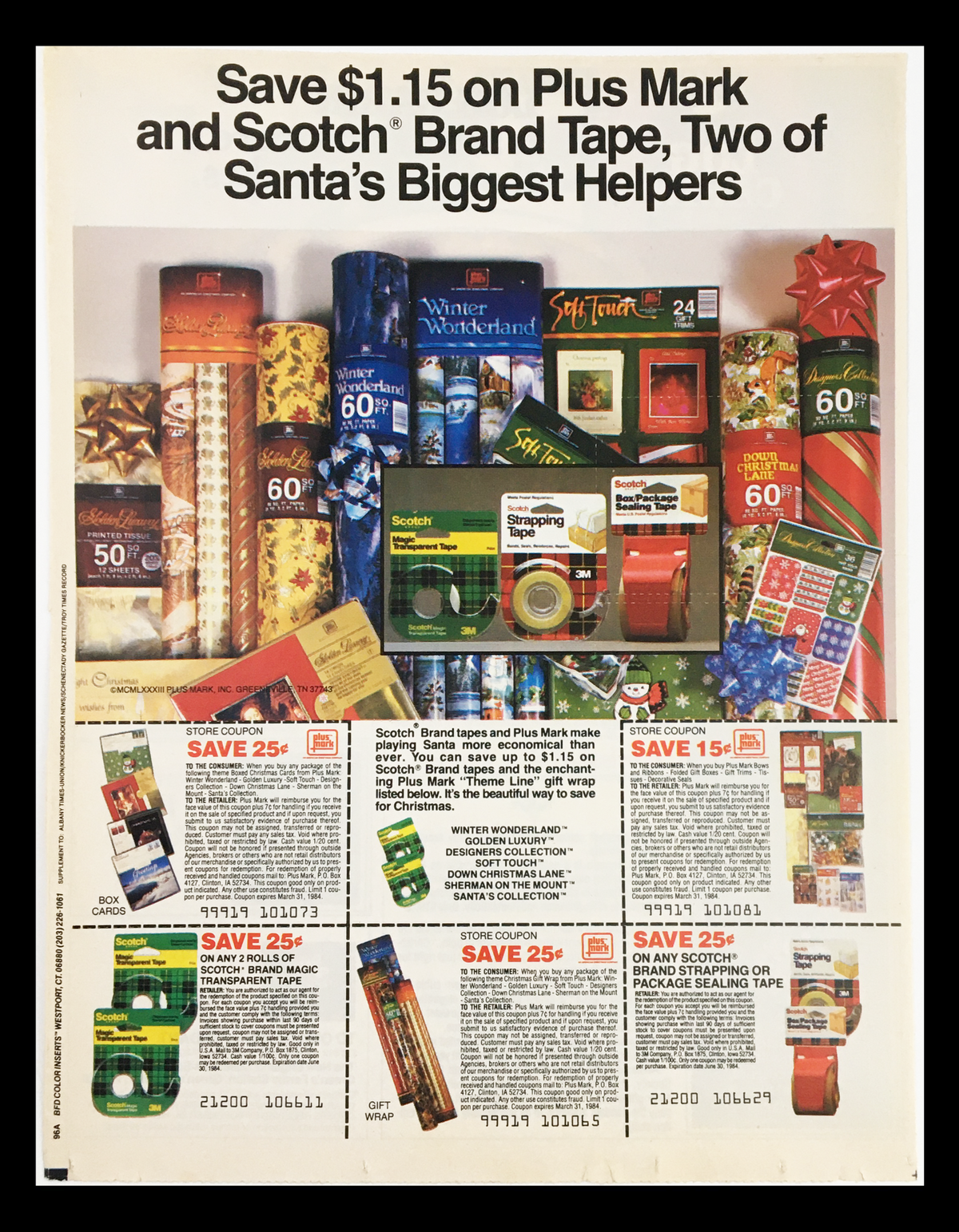 1984 Plus Mark and Scotch Brand Tape Circular Coupon Advertisement featuring a display of holiday-themed tape products, including Plus Mark and Scotch brands, along with coupon savings information.