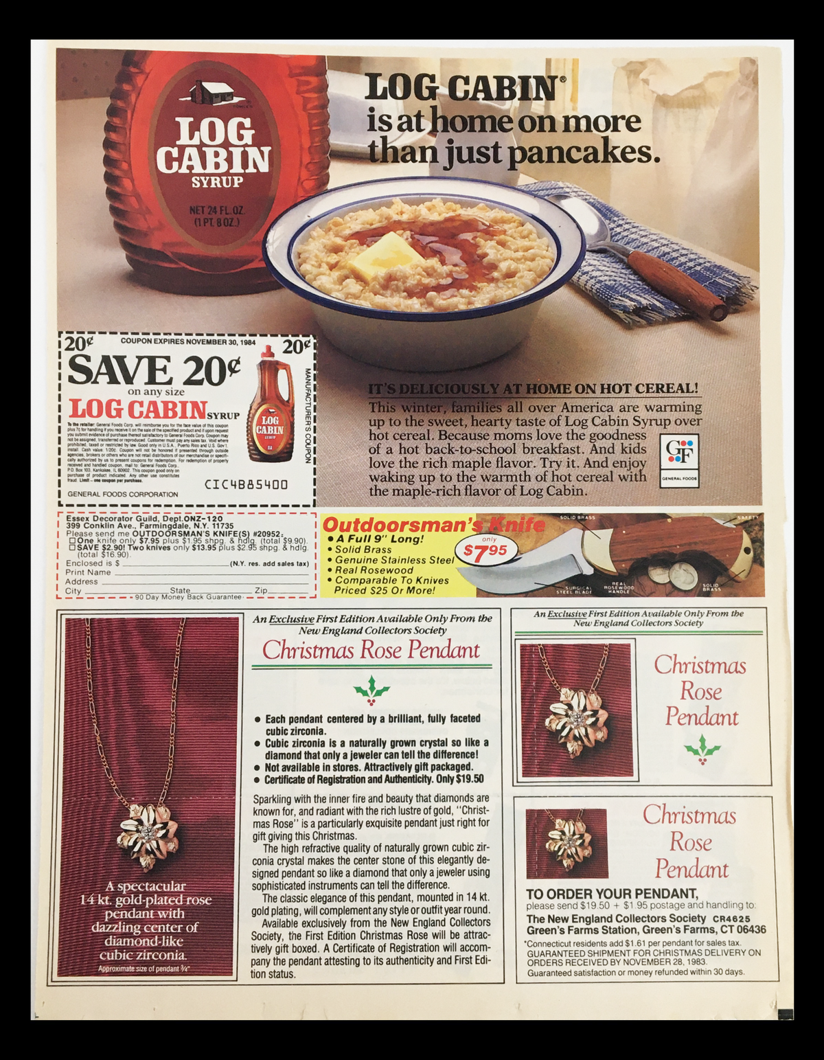 1984 Log Cabin Syrup advertisement showcasing a bowl of oatmeal with Log Cabin syrup, featuring savings on Log Cabin products and a Christmas Rose Pendant offer.