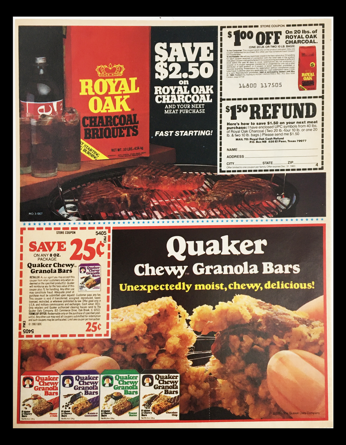1983 Kraft Salad Days Sweepstakes Circular Coupon Advertisement showing savings on Royal Oak Charcoal and Quaker Chewy Granola Bars with various coupon offers and product images.