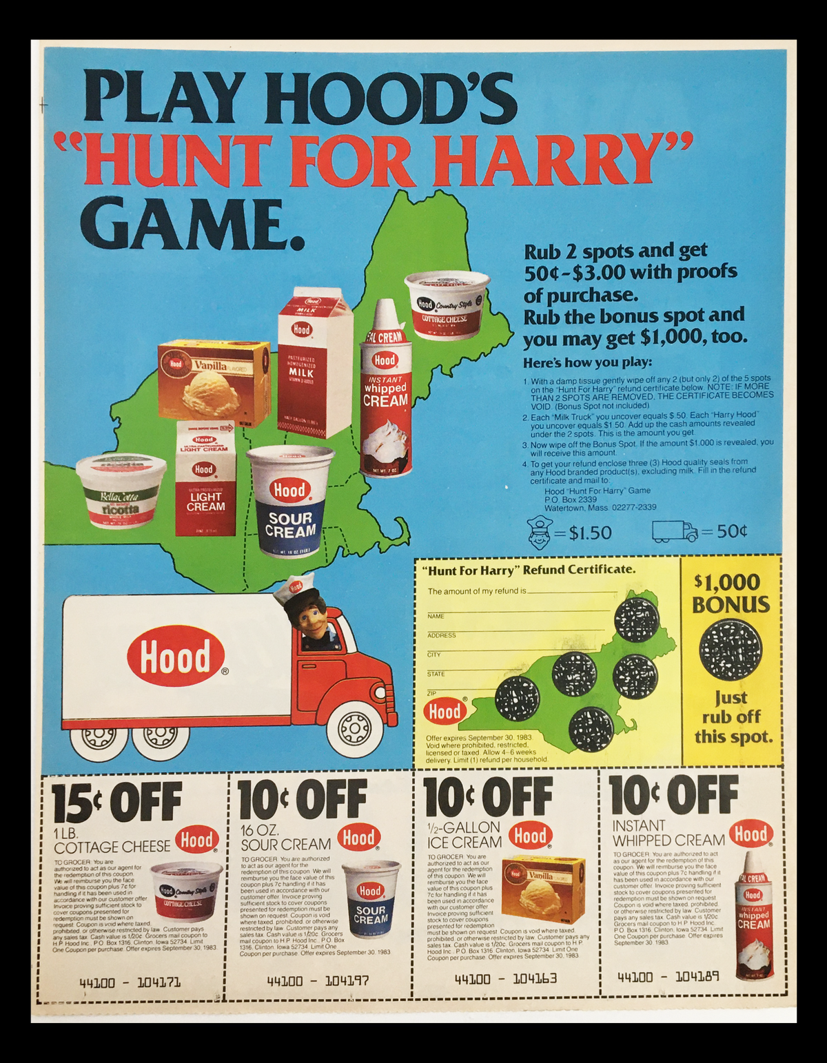 1983 play Hood's 'Hunt for Harry' game advertisement featuring various Hood products, including cottage cheese and sour cream, with promotional offers and game details.