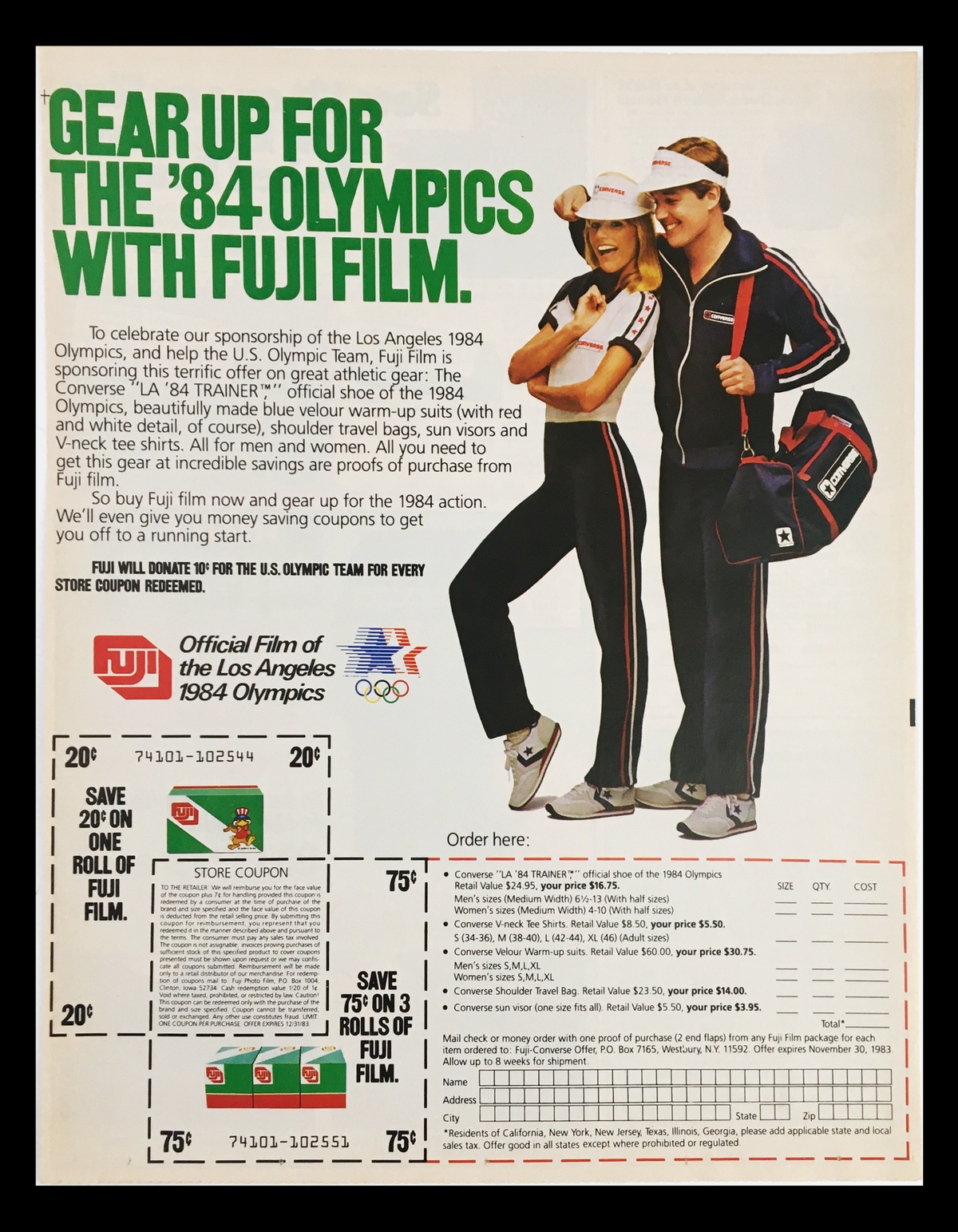 1984 The '84 Olympics with Fuji Film Circular Coupon Advertisement showcasing an Olympic theme with a woman and man in athletic wear, promoting Fuji Film's sponsorship of the event.