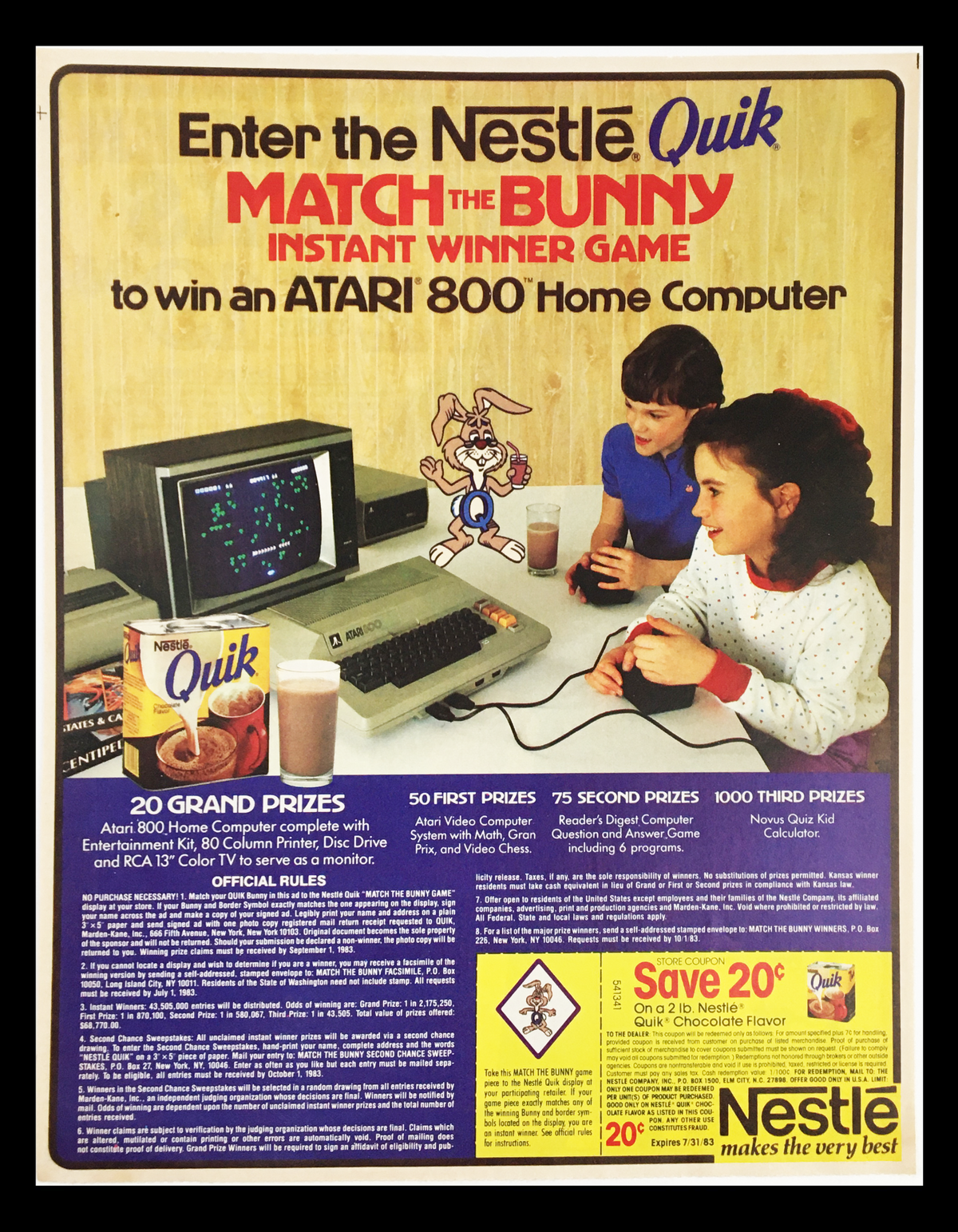 1983 Atari 800 Home Computer Circular Coupon Advertisement featuring kids playing a computer game with Nestlé Quik and details about a contest to win an Atari 800.