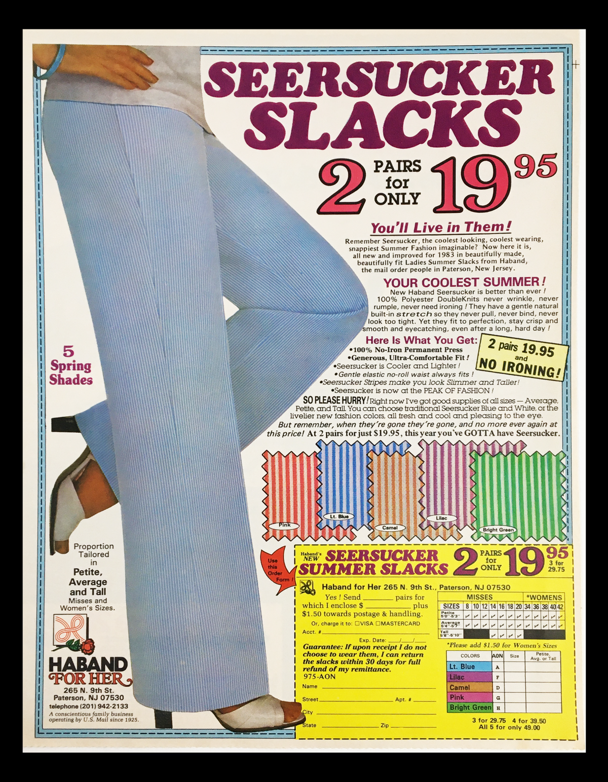 Seersucker Slacks advertisement showcasing two pairs for $19.95, highlighting the comfort and variety of colors, with emphasis on summer fashion.
