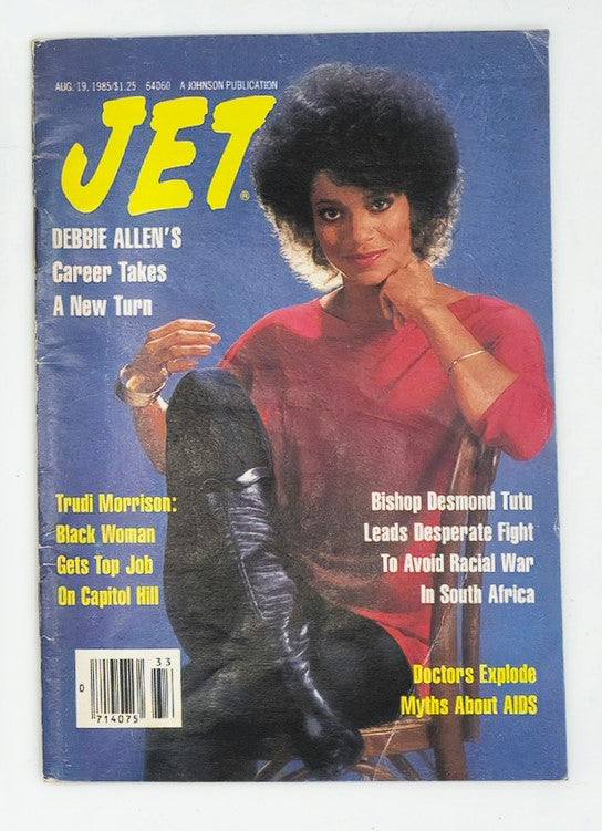Cover of VTG Jet Magazine from August 19, 1985 featuring Debbie Allen and Bishop Desmond Tutu. The cover highlights Debbie Allen's career and includes articles on Trudi Morrison and the fight against racial war in South Africa.