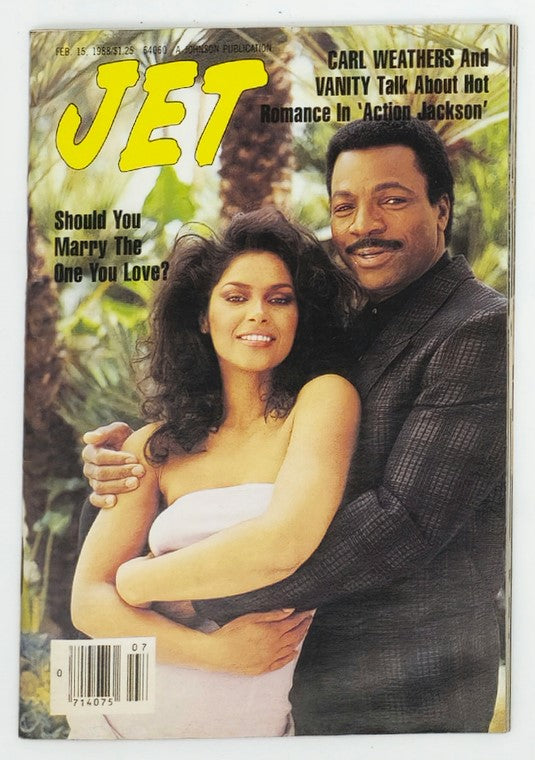 Cover of VTG Jet Magazine dated February 15, 1988, featuring Carl Weathers and Vanity, discussing romance in 'Action Jackson'. The magazine showcases a vibrant 1980s aesthetic with a focus on pop culture, prominent personalities, and African American representation.