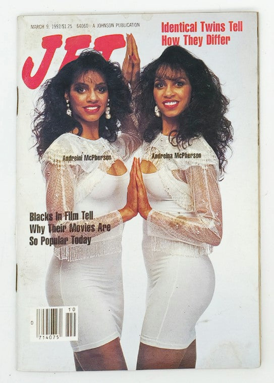 Cover of VTG Jet Magazine from March 9, 1992, featuring identical twins Andreini and Andreina McPherson. The cover includes the headline 'Identical Twins Tell How They Differ' and highlights topics such as 'Blacks In Film Tell Why Their Movies Are So Popular Today.' The magazine shows signs of minor wear and comes with plastic protective covering.