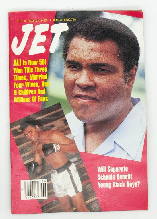 Cover of VTG Jet Magazine February 10 1992 featuring Muhammad Ali at 50 years old, showcasing his boxing legacy and significant life milestones, including highlights of his titles, marriages, and family.
