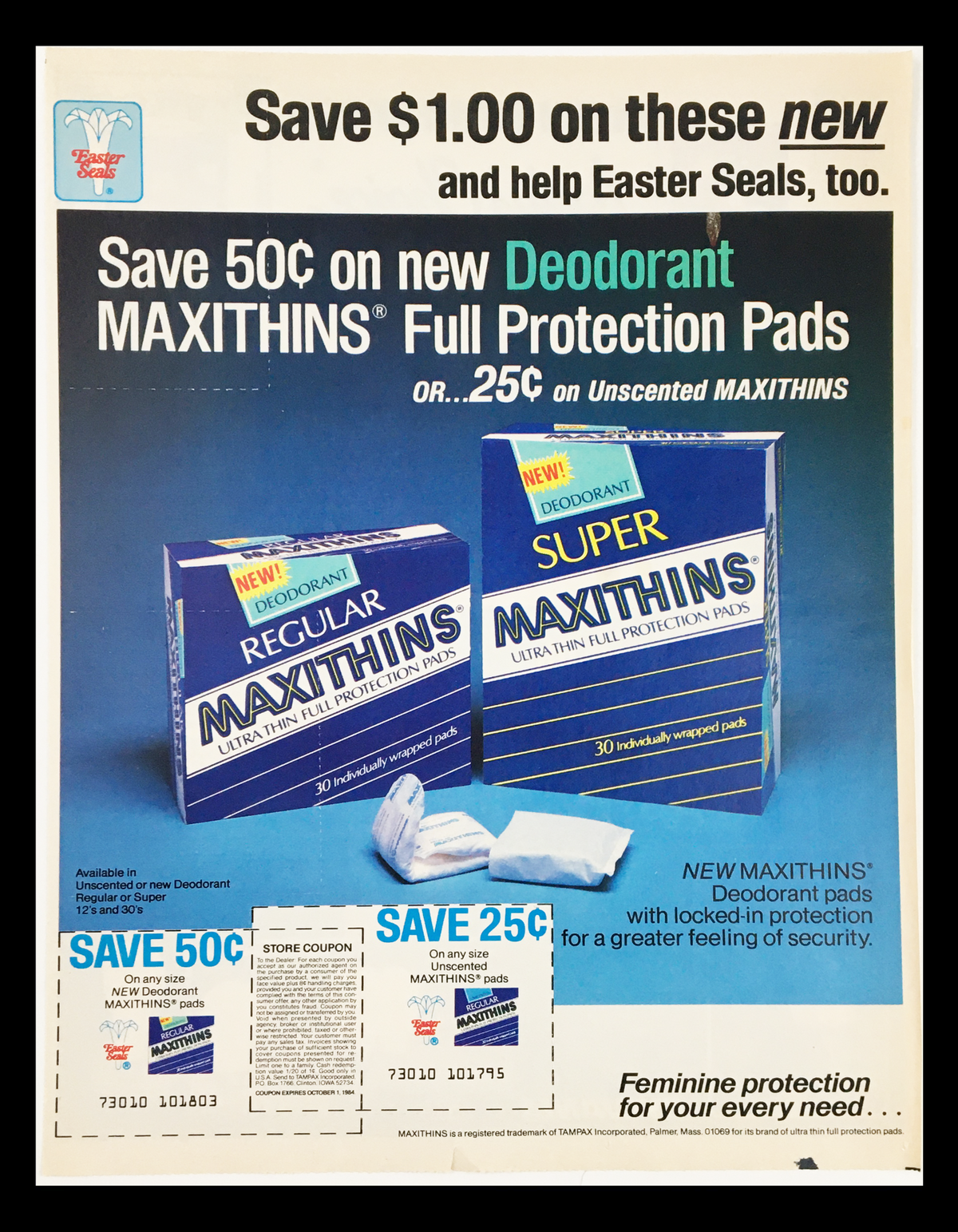 1984 Deodorant Regular Maxithins Protection Pads Circular Coupon Advertisement showcasing new deodorant MAXITHINS full protection pads with coupon offers.