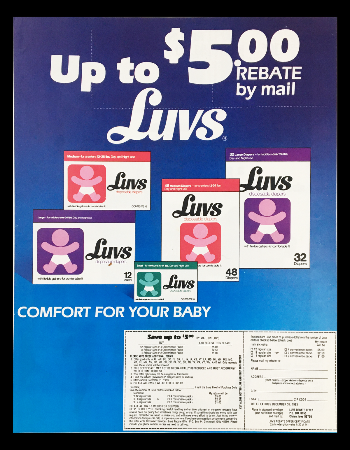 1984 Luvs Disposable Diaper Circular Coupon Advertisement featuring various Luvs diaper products with a rebate offer, emphasizing comfort for babies.
