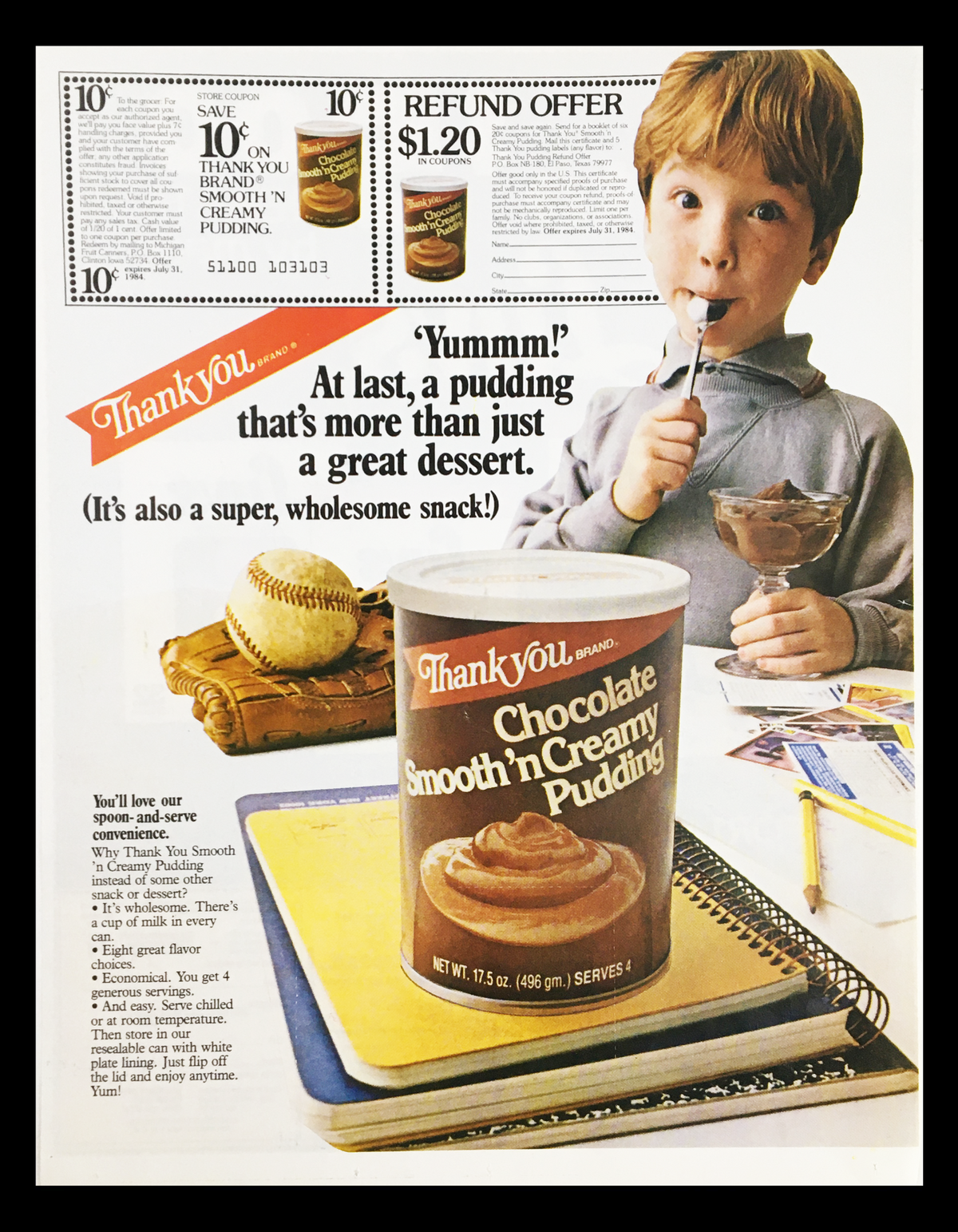1984 Thank You Chocolate Smooth 'n Creamy Pudding advertisement showcasing a boy enjoying pudding, promoting its taste as a wholesome dessert.