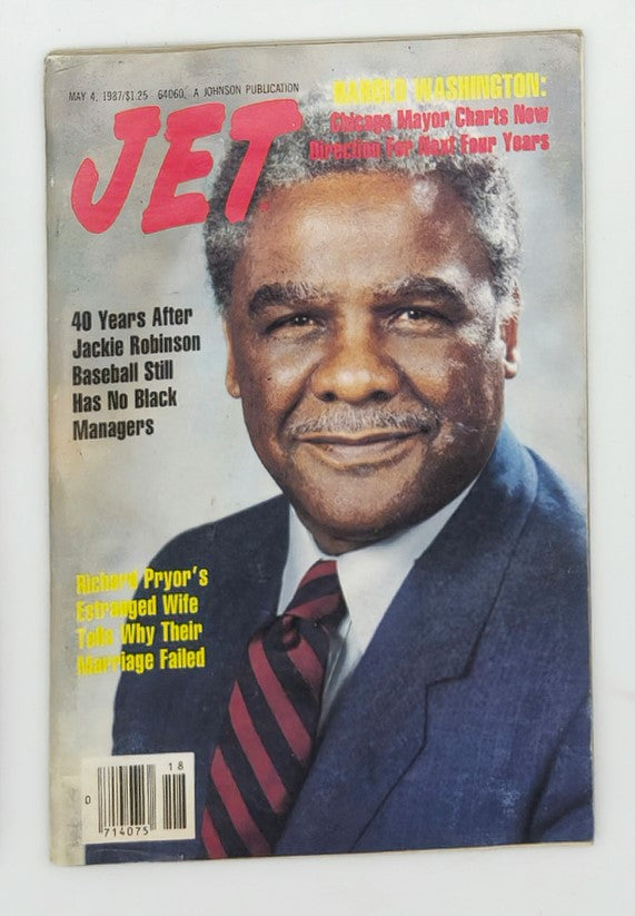 Cover of VTG Jet Magazine from May 4, 1987, featuring Harold Washington, Chicago Mayor, with headlines about his leadership and an article on Richard Pryor's estranged wife.