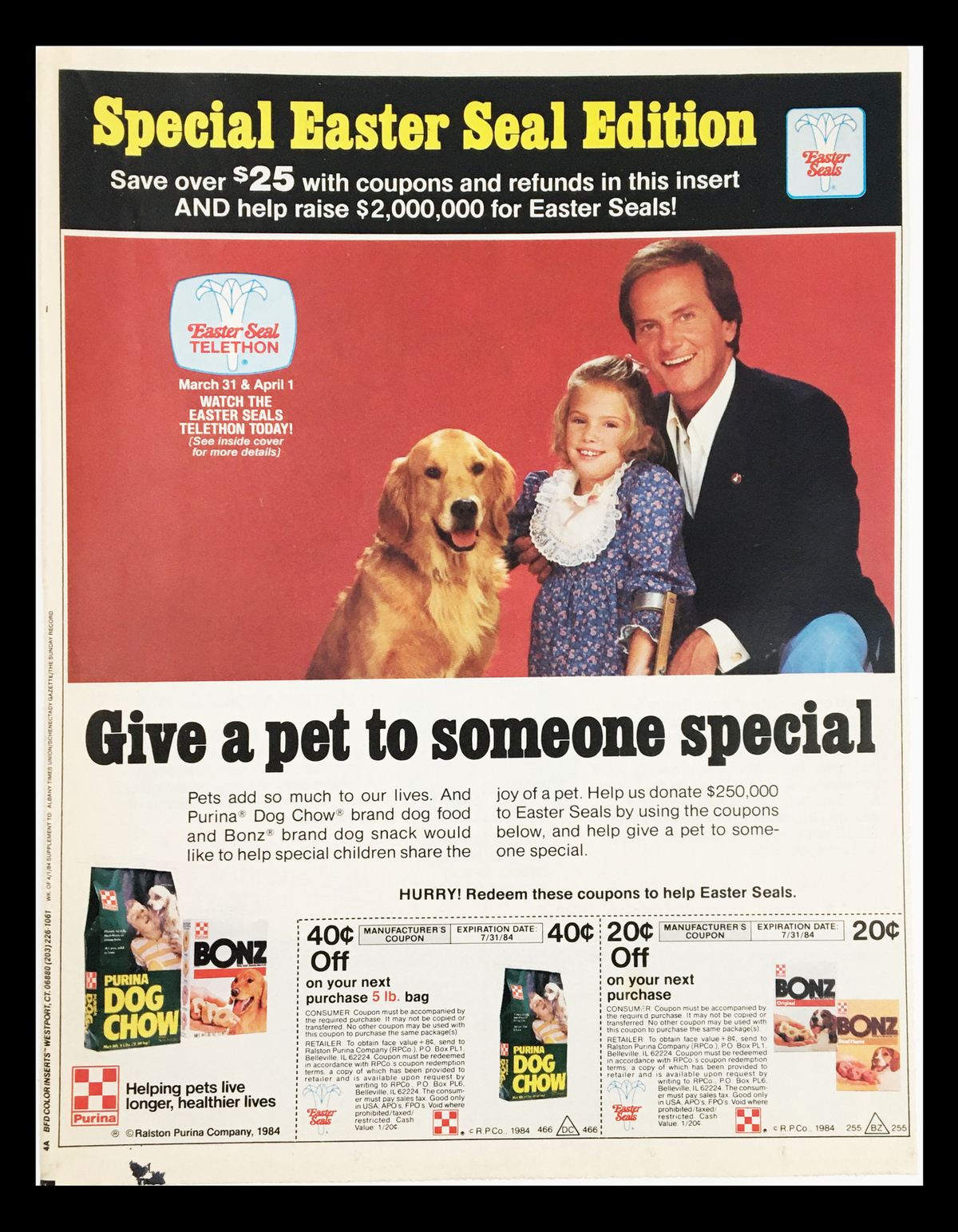 1984 Purina Dog Chow Easter Seal Edition Circular Coupon Advertisement featuring a smiling child with a golden retriever and a man promoting pet adoption and the Easter Seal initiative.