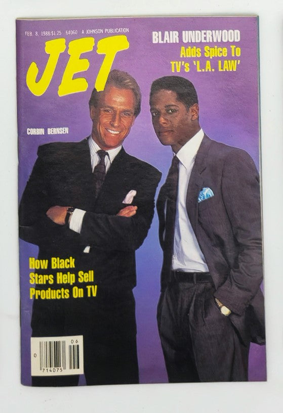 Cover of VTG Jet Magazine February 8, 1988 featuring Corbin Bernsen and Blair Underwood, highlighting Blair's contribution to TV's 'L.A. Law' and discussing how Black stars influence product sales on television.