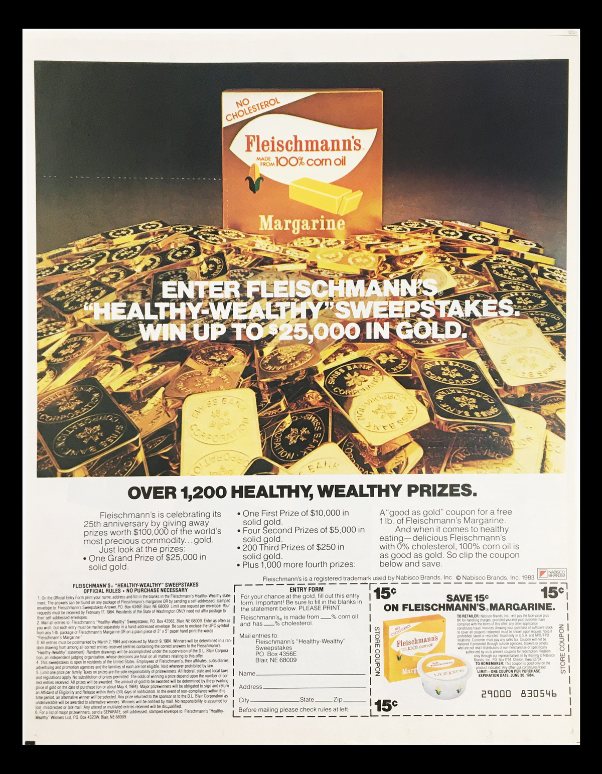 1983 Fleischmann's Corn Oil Margarine Sweepstakes Circular Coupon Advertisement featuring golden coins and a prize announcement, highlighting over 1,200 prizes including a grand prize of $5,000.