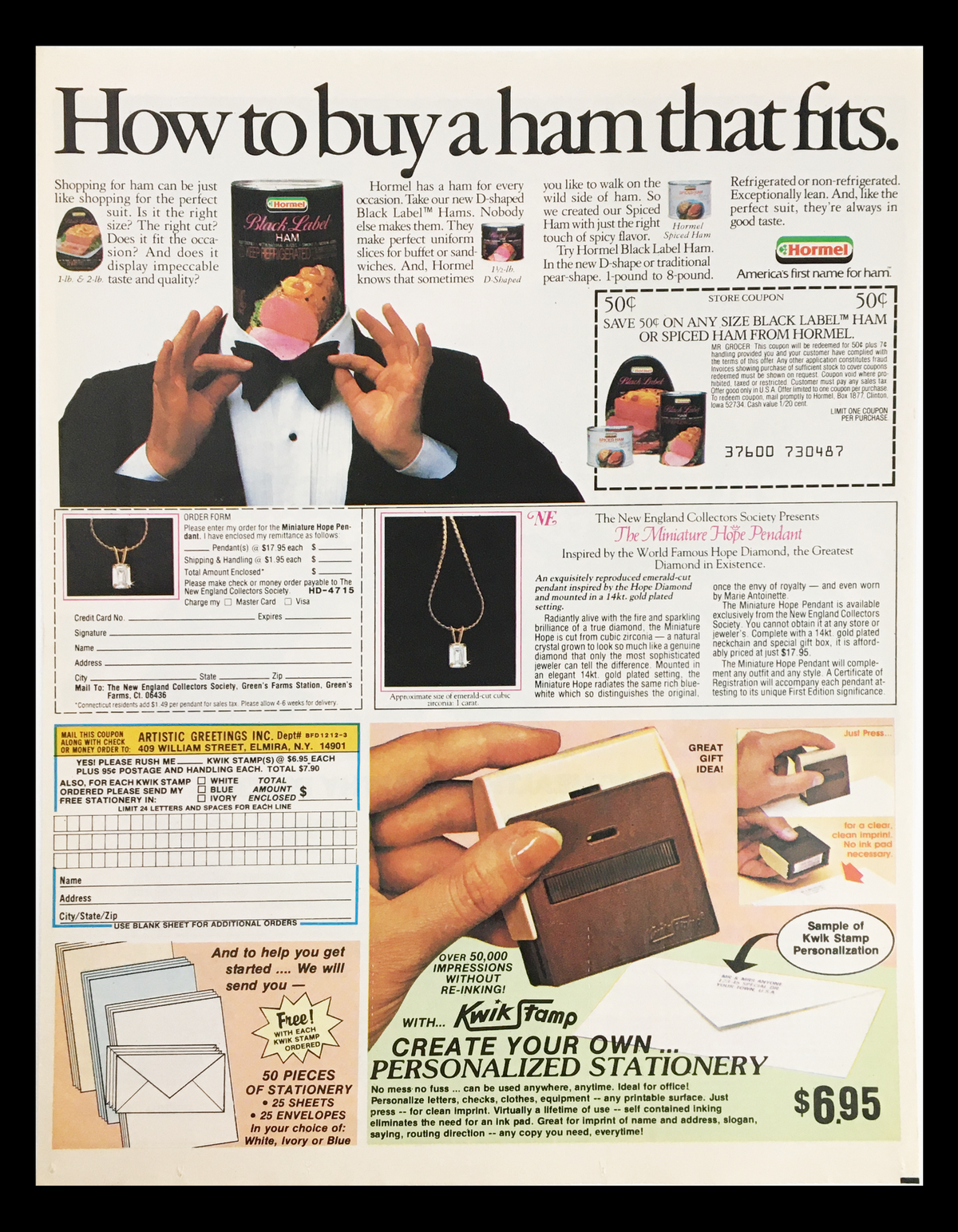 Advertisement on how to buy a ham that fits, showcasing a man in a tuxedo holding a small item, with various ham options and promotional stationery details.