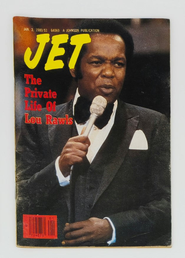 VTG Jet Magazine January 3 1980 cover featuring Lou Rawls, showcasing his private life on the front page with a microphone in hand.