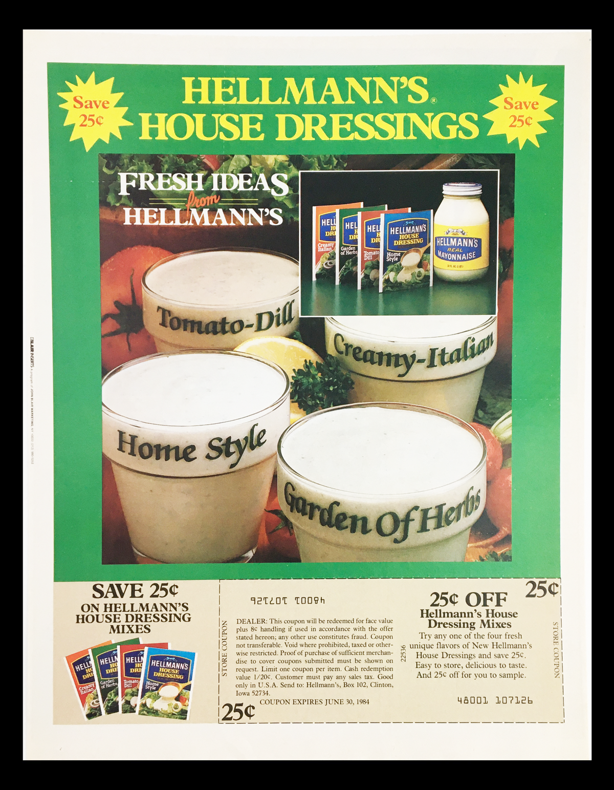 1984 Hellman's House Dressings Mayonaise Circular Coupon Advertisement showcasing various dressing flavors including Tomato-Dill, Creamy-Italian, Home Style, and Garden of Herbs. The advertisement features a coupon for savings on Hellman's House Dressing mixes, with an expiration date of June 1, 1984.