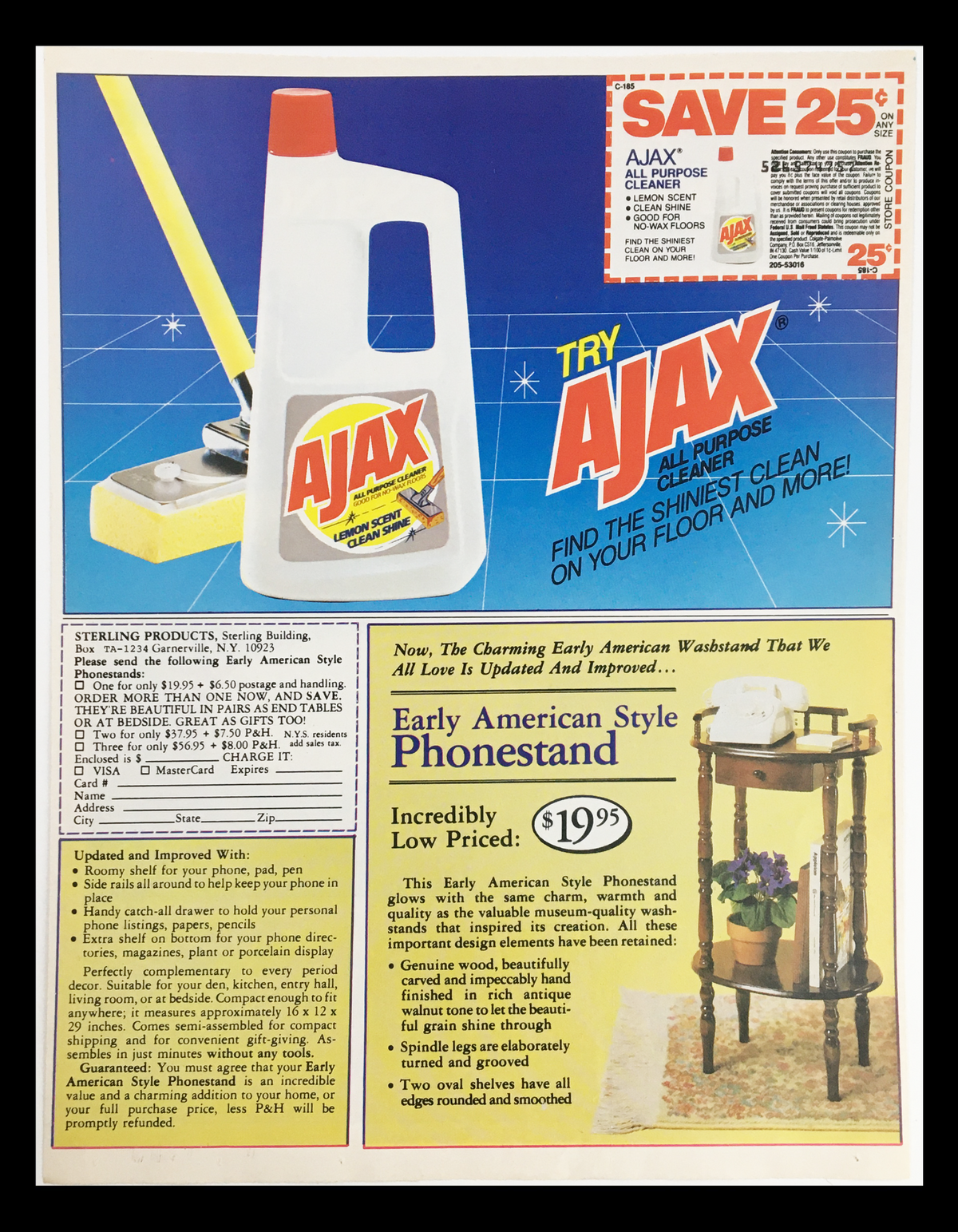 A vintage advertisement featuring the 1984 Hellman's House Dressings Mayonnaise circular coupon. The ad showcases Ajax all-purpose cleaner, highlighting a promotional offer to save 25 cents, along with a Phonestand priced at $19.95. This original advertisement captures retro marketing aesthetics from the 1980s.