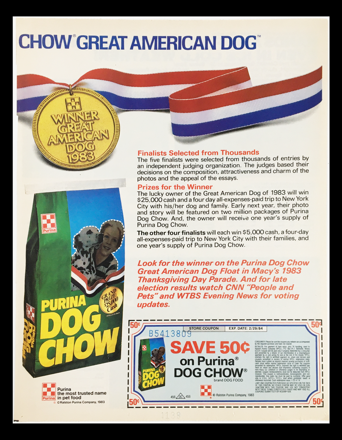1983 Purina Dog Chow Great American Dog Circular Coupon Advertisement featuring the dog food packaging and promotional details, recognized for its award-winning campaign.