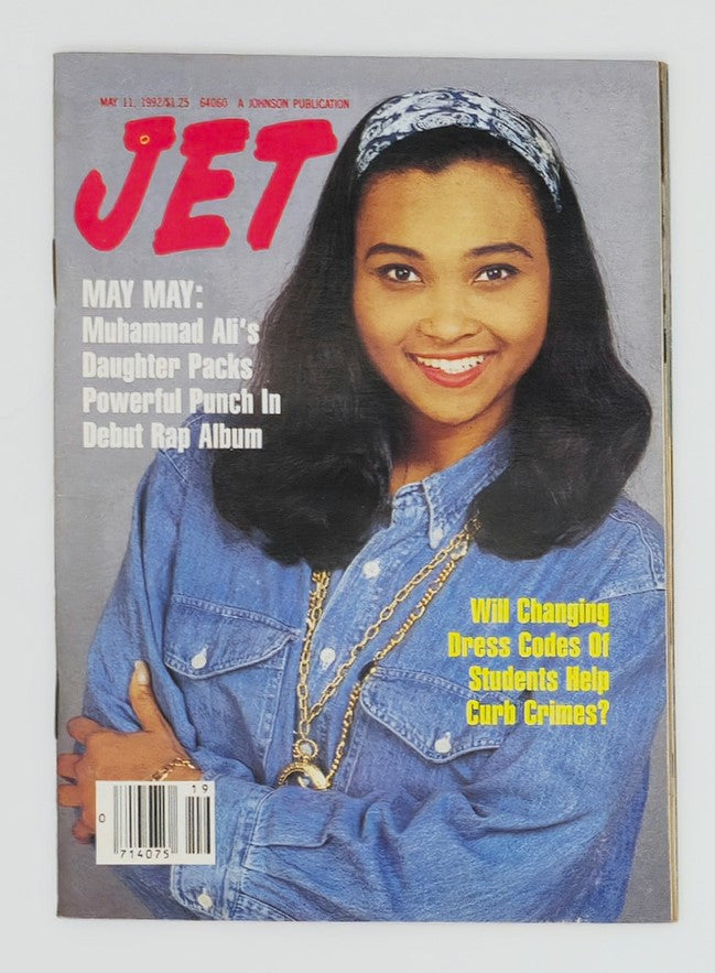 VTG Jet Magazine cover from May 11, 1992 featuring May May, Muhammad Ali's Daughter, showcasing her debut rap album and a feature on changing dress codes for students.