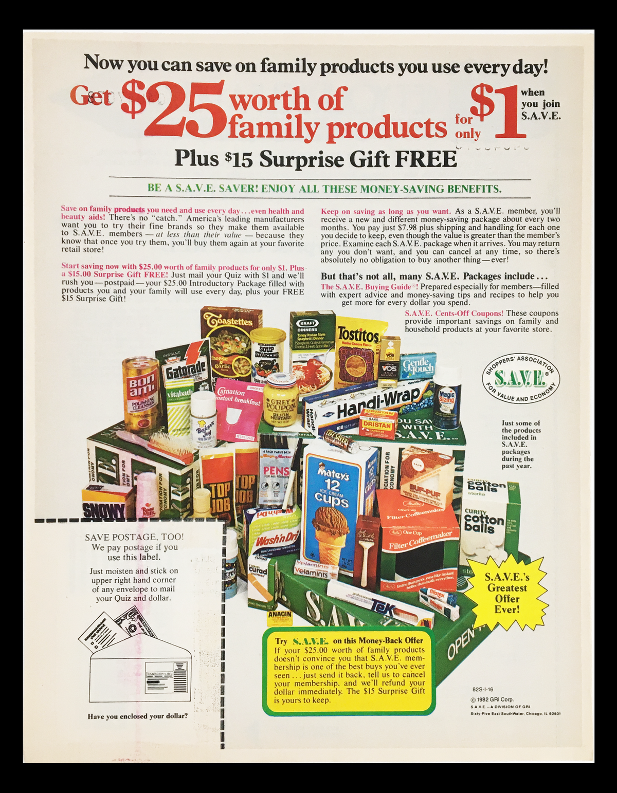 1982 Money-Saving Family Products Circular Coupon Advertisement showcasing various food products and promotional offers to save on household items.