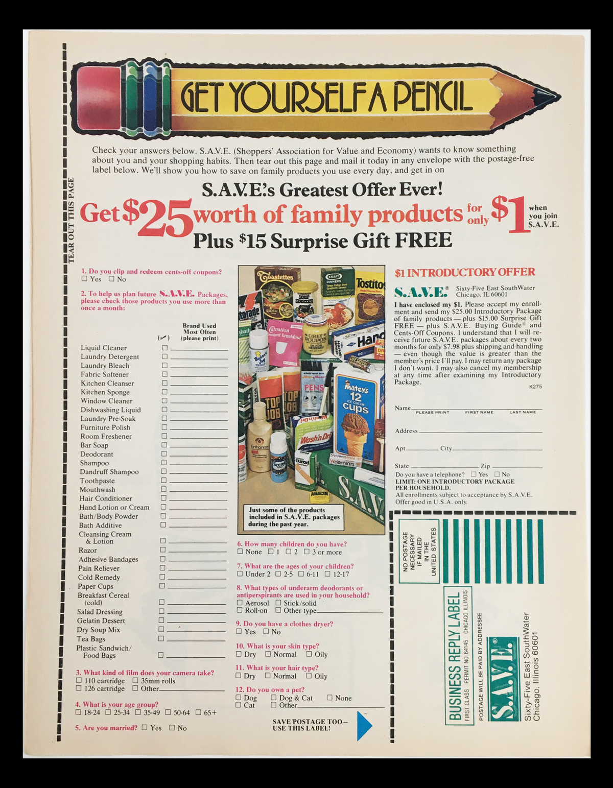 1982 Money-Saving Family Products Circular Coupon Advertisement featuring a large pencil graphic, emphasizing a promotional offer to get $25 worth of family products for just $1.