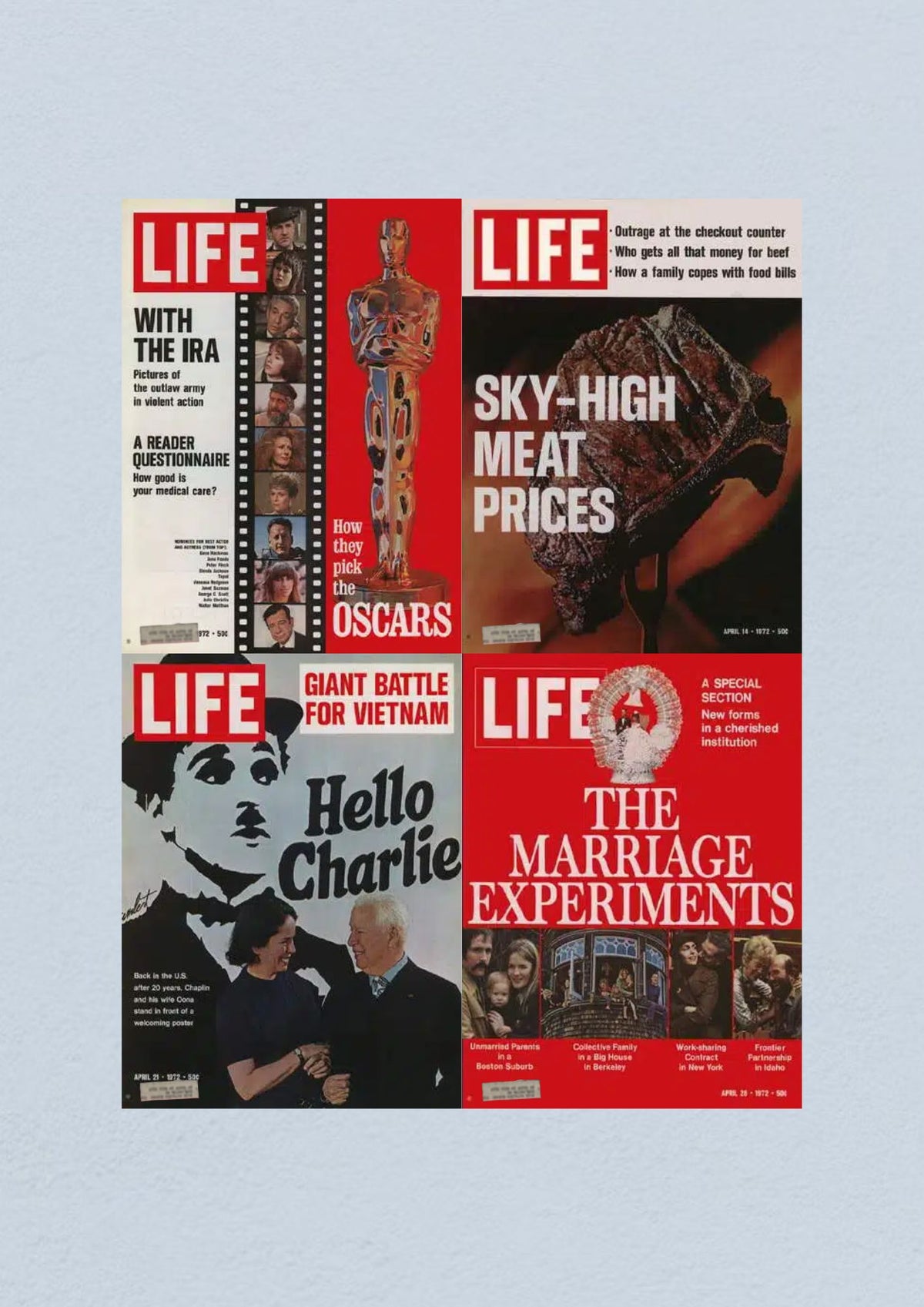 Life Magazine April 1972 collection featuring covers from April 7, 14, 21, and 28. The covers highlight topics such as Oscar selection, meat price inflation, the Vietnam War, and marriage experiments.