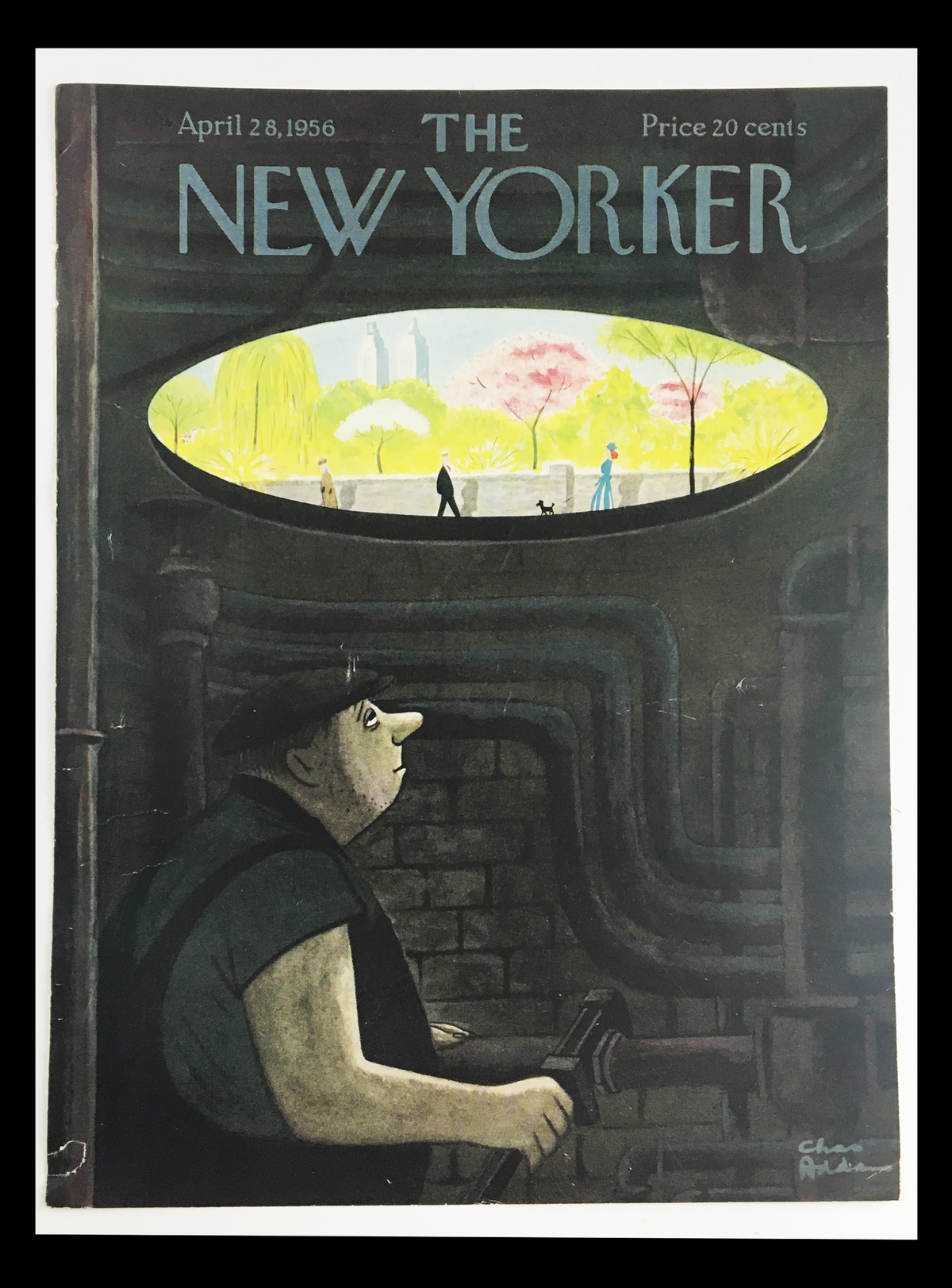 COVER ONLY The New Yorker April 28, 1956 featuring a whimsical illustration by Chas Addams, depicting a man in a sewer looking up at a vibrant park scene through a circular opening.