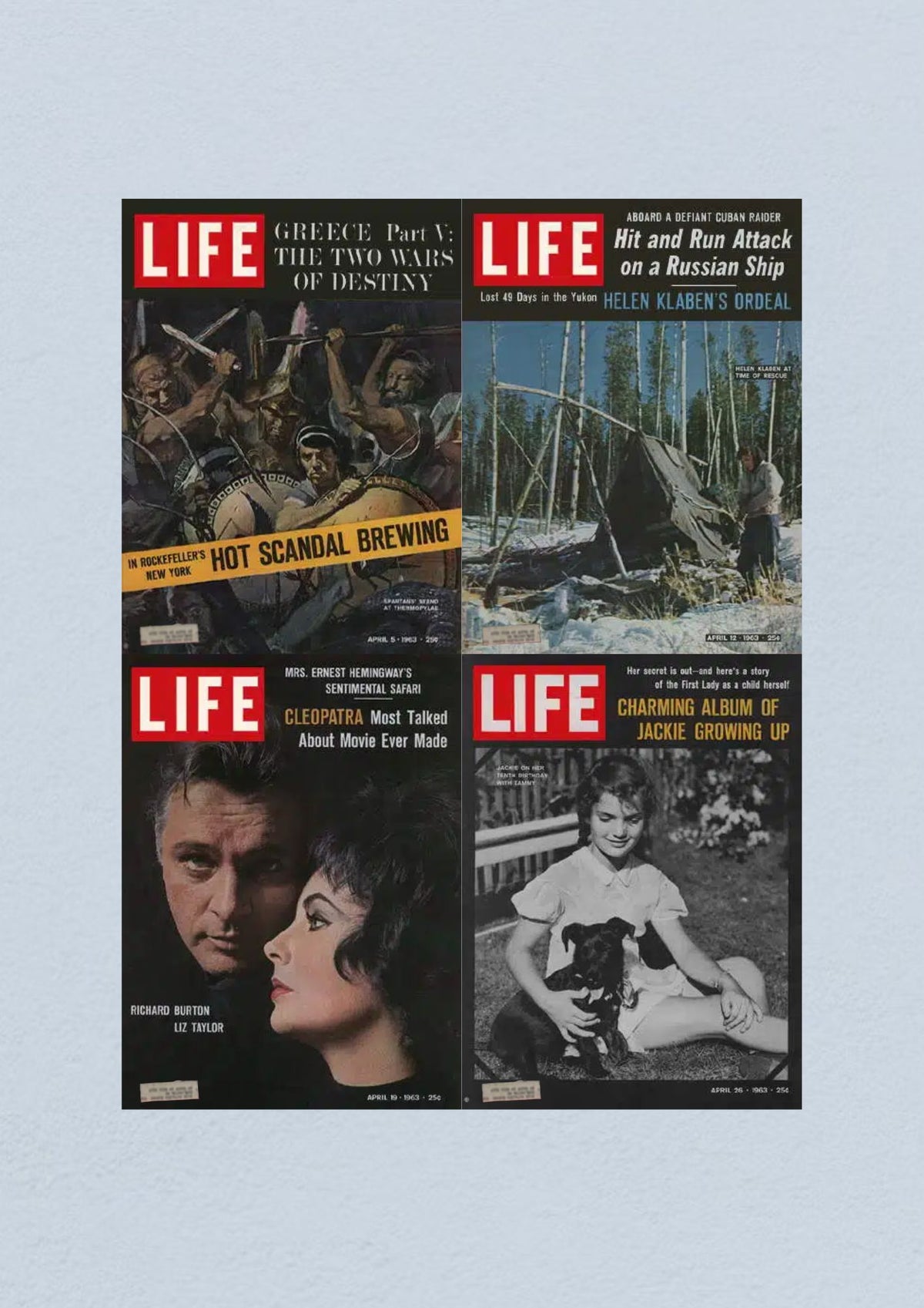 Life Magazine Lot of 4 Full Month April 1963 featuring covers from April 5, 12, 19, and 26, showcasing themes from the Civil Rights Era, including articles on scandal, survival stories, Hollywood, and personal narratives.