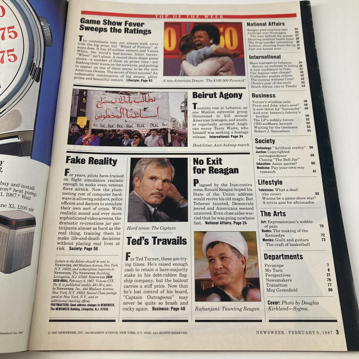 Interior page of VTG Newsweek Magazine February 9 1987 detailing articles, including Game Show Fever Sweeps the Ratings, a reflection on Vanna White's impact on the era.