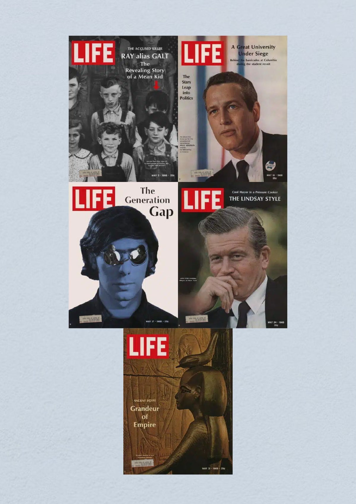 Collection of Life Magazine covers from May 1968 including the issues from May 3, 10, 17, 24, and 31, showcasing themes such as social issues, student activism, and American culture during a transformative era.