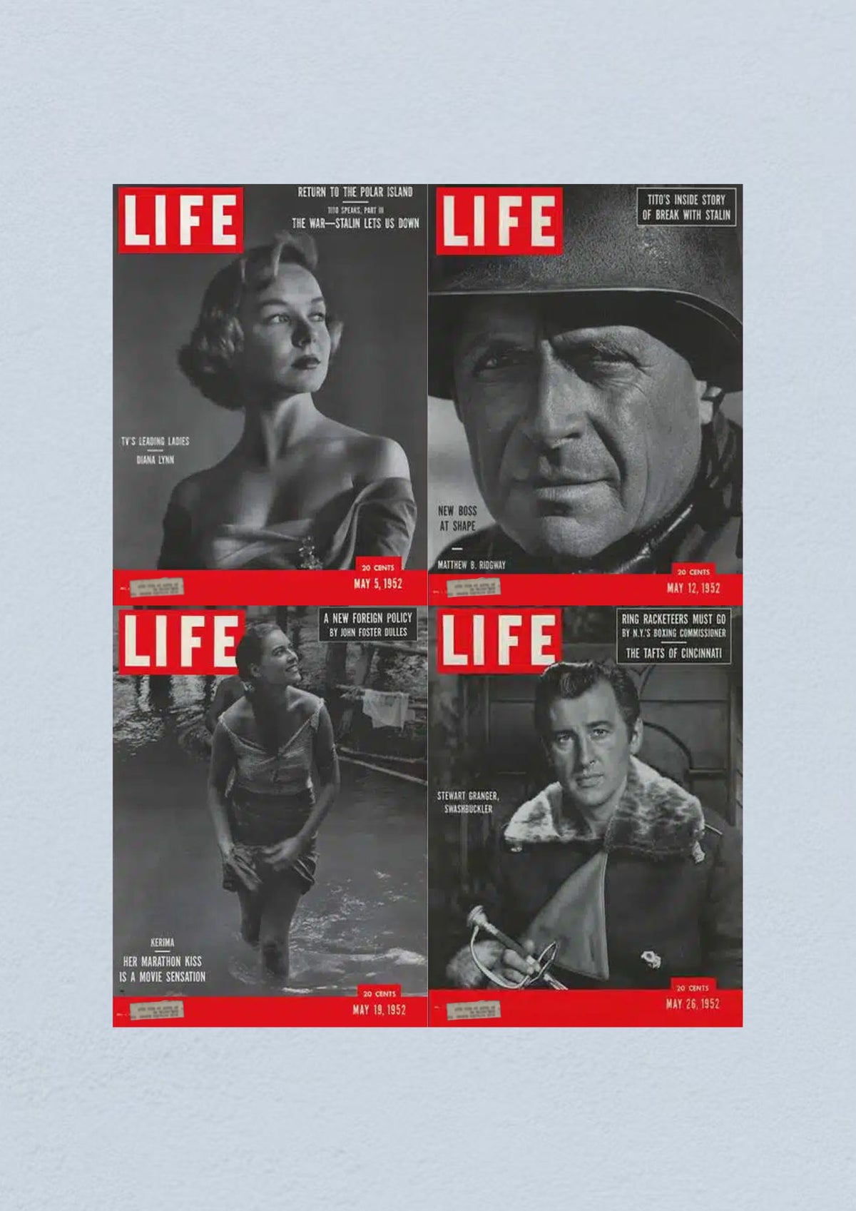 Cover of Life Magazine May 26, 1952 featuring actor Stewart Granger and discussing societal dynamics, politics and pop culture of the era.