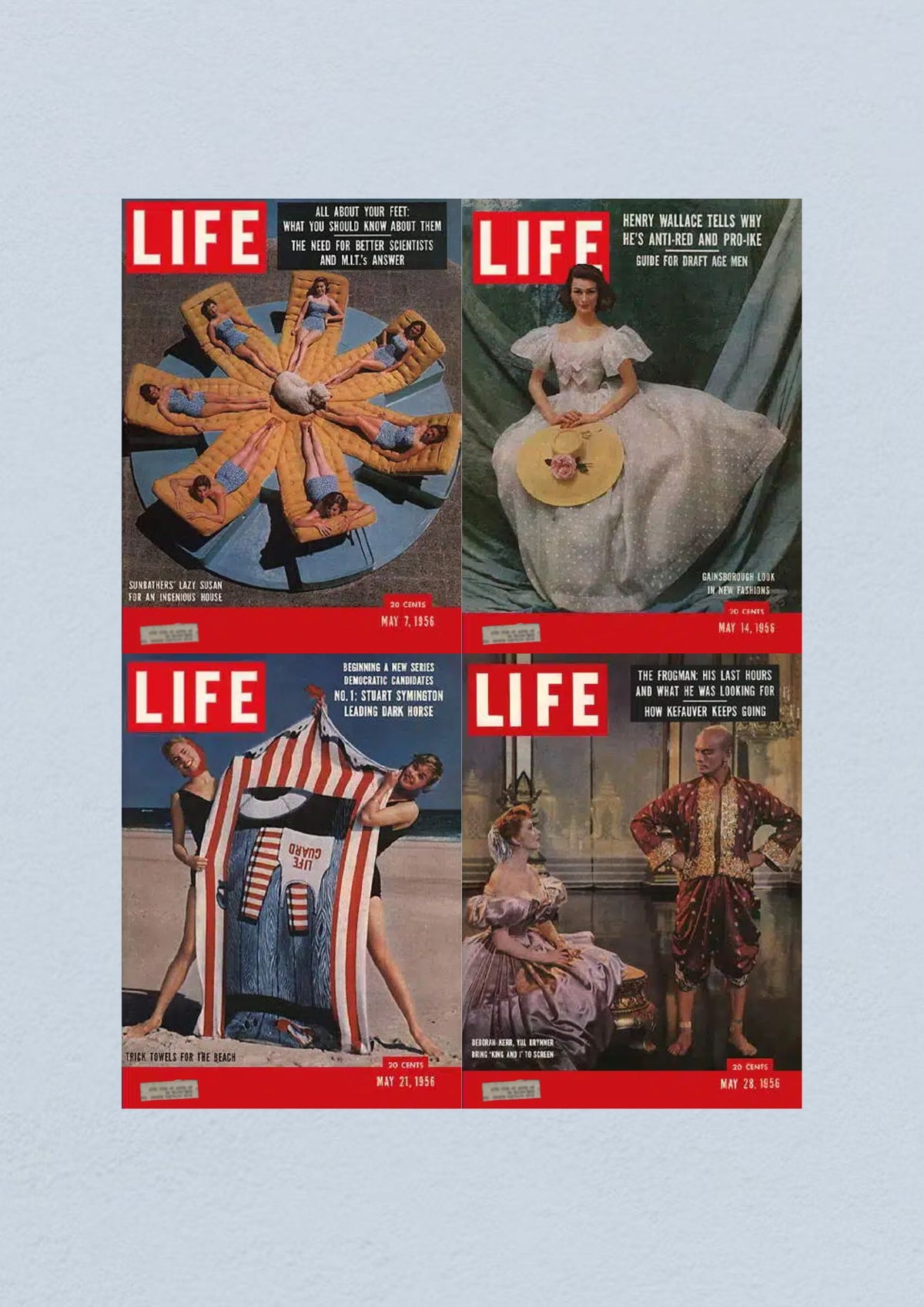 Life Magazine Lot of 4 Full Month of May 1956 cover images featuring various themes: May 7 cover highlights sunbathing innovation, May 14 features Gainsborough style in fashion, May 21 showcases beach towels, and May 28 presents diverse personalities.