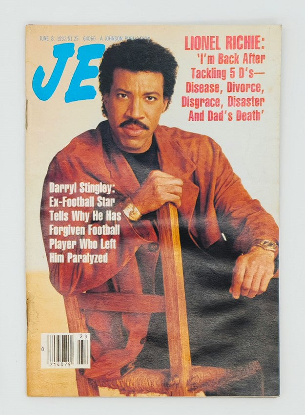 VTG Jet Magazine June 8 1992 featuring Lionel Richie on the cover, discussing personal challenges. The magazine also highlights Darryl Stingley and his story of forgiveness. Good condition with protective covering.