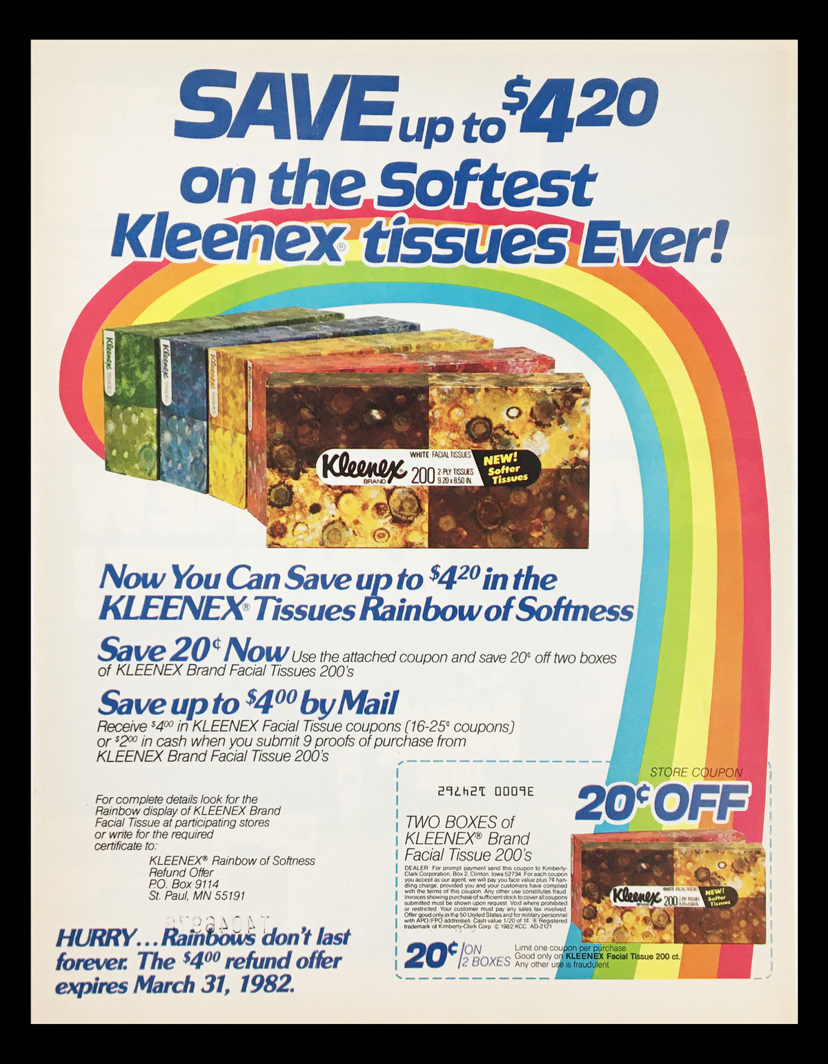 1982 Kleenex Rainbow Tissue Circular Coupon Advertisement featuring colorful packaging of Kleenex tissues, promotional savings, and a vibrant rainbow design, representing nostalgic marketing from the early 1980s.