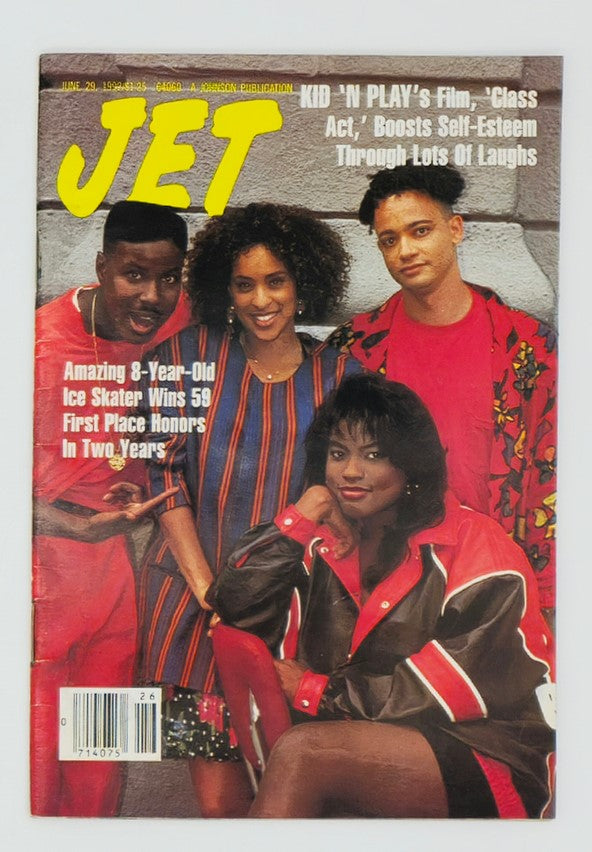 Cover of VTG Jet Magazine from June 29, 1992 featuring Kid 'N Play's Film 'Class Act'. The magazine highlights topics such as self-esteem and humor, showcasing four individuals on the cover with vibrant fashion styles, emphasizing a lively 90s aesthetic.