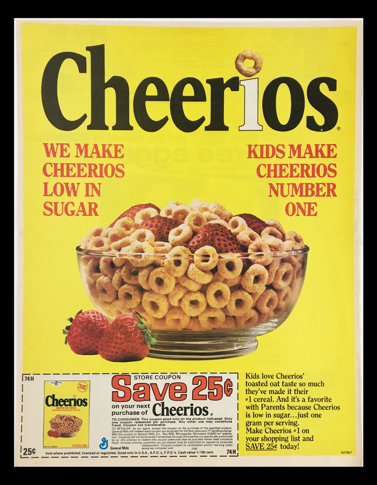 1982 Cheerios Toasted Oats Circular Coupon Advertisement featuring a bowl of Cheerios, strawberries, and an offer to save 25 cents on the next purchase of Cheerios.