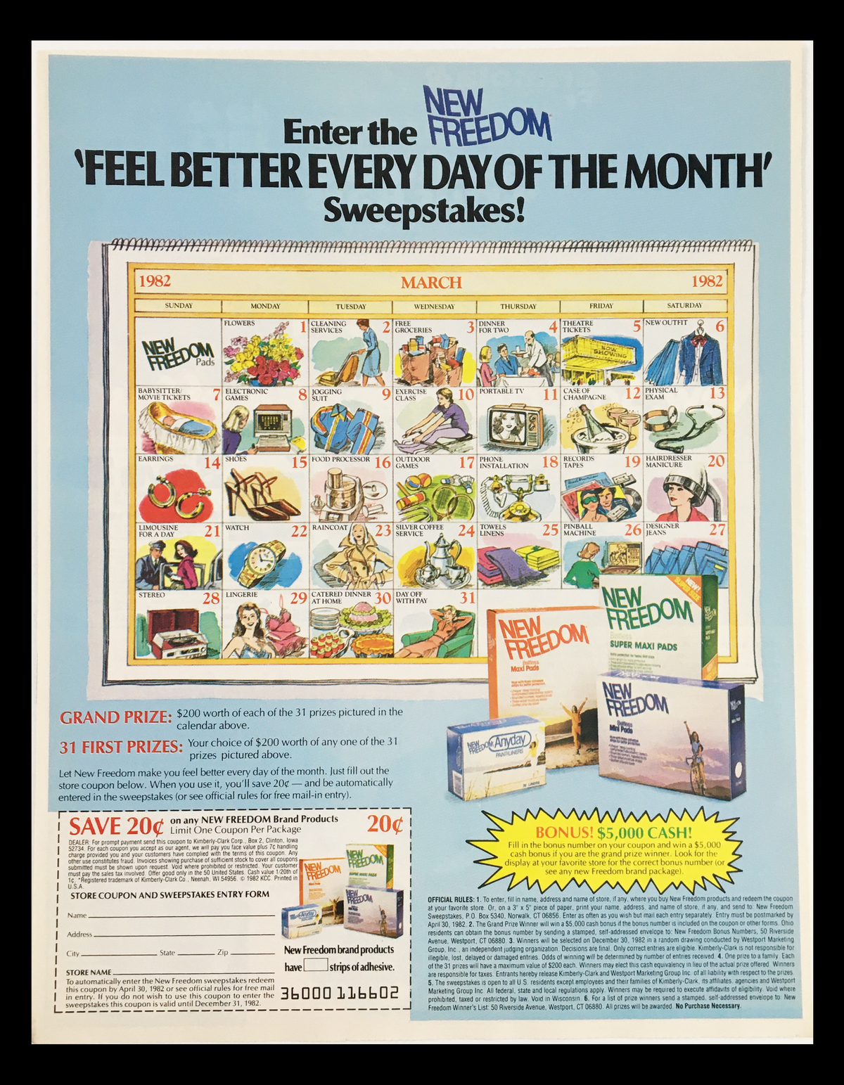 1982 New Freedom Maxi Pads Sweepstakes Circular Coupon Advertisement featuring a colorful illustrated calendar and promotional content about sweepstakes with details on prizes, coupon saving, and product packages.