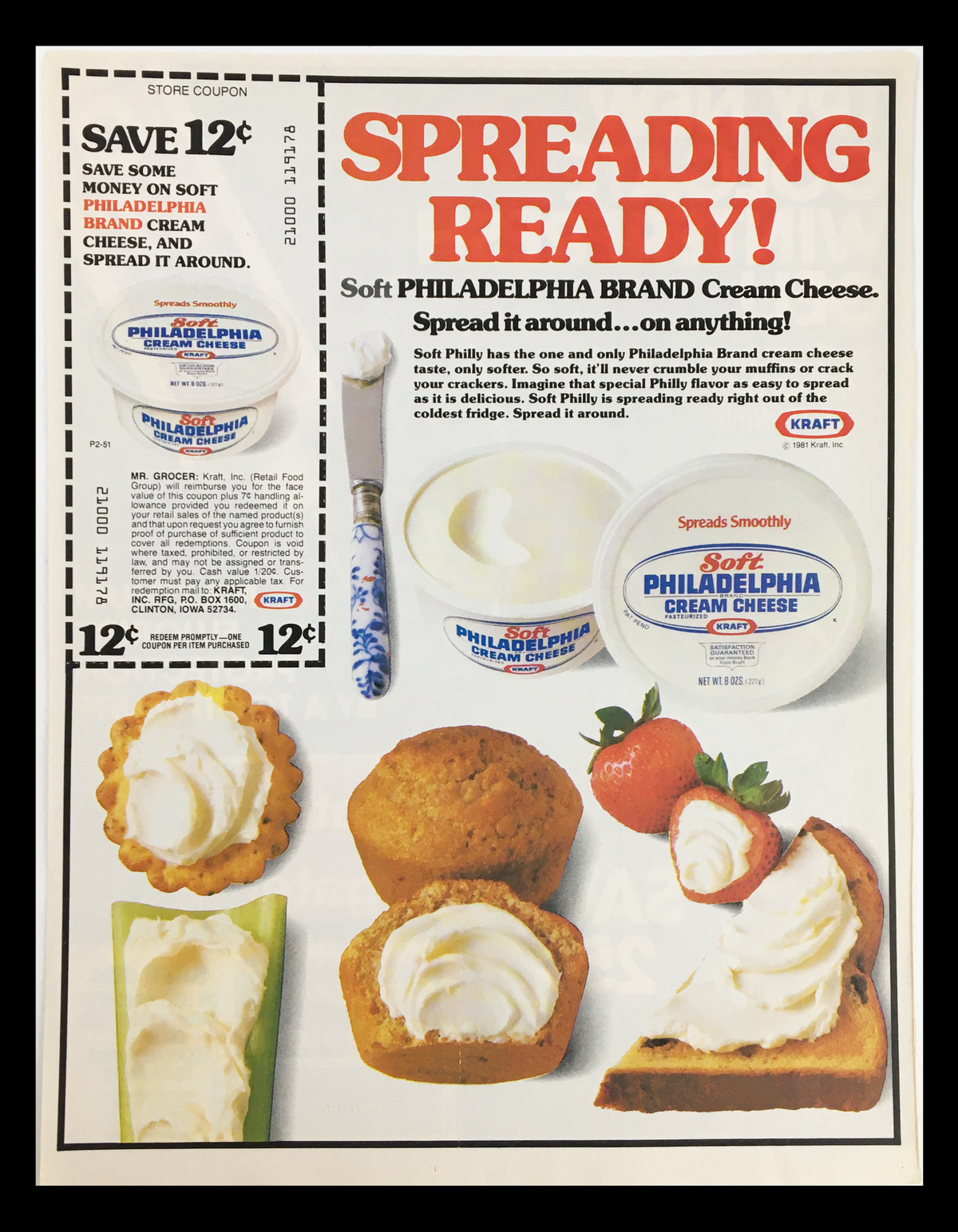 1981 advertisement for Philadelphia Brand Cream Cheese showcasing a coupon to save money and encouraging use on various dishes.