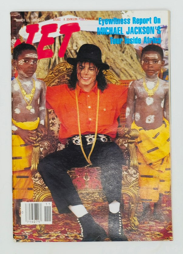 Cover of VTG Jet Magazine March 16 1992 featuring an eyewitness report on Michael Jackson's tour inside Africa, showcasing vibrant colors and unique cultural elements.