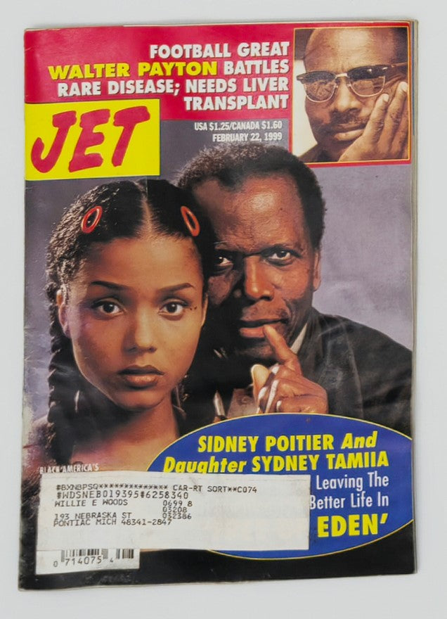 Jet Magazine cover featuring Sidney Poitier and his daughter Sydney Tamiia, dated February 22, 1999. The cover highlights topics like Walter Payton's health issues and includes vivid imagery of the father-daughter duo.