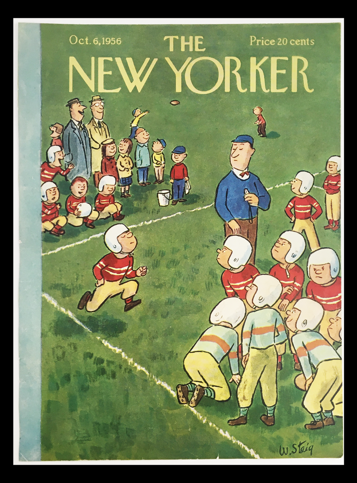 Cover of The New Yorker, October 6, 1956 by William Steig, featuring a whimsical children's football scene with players and a coach.