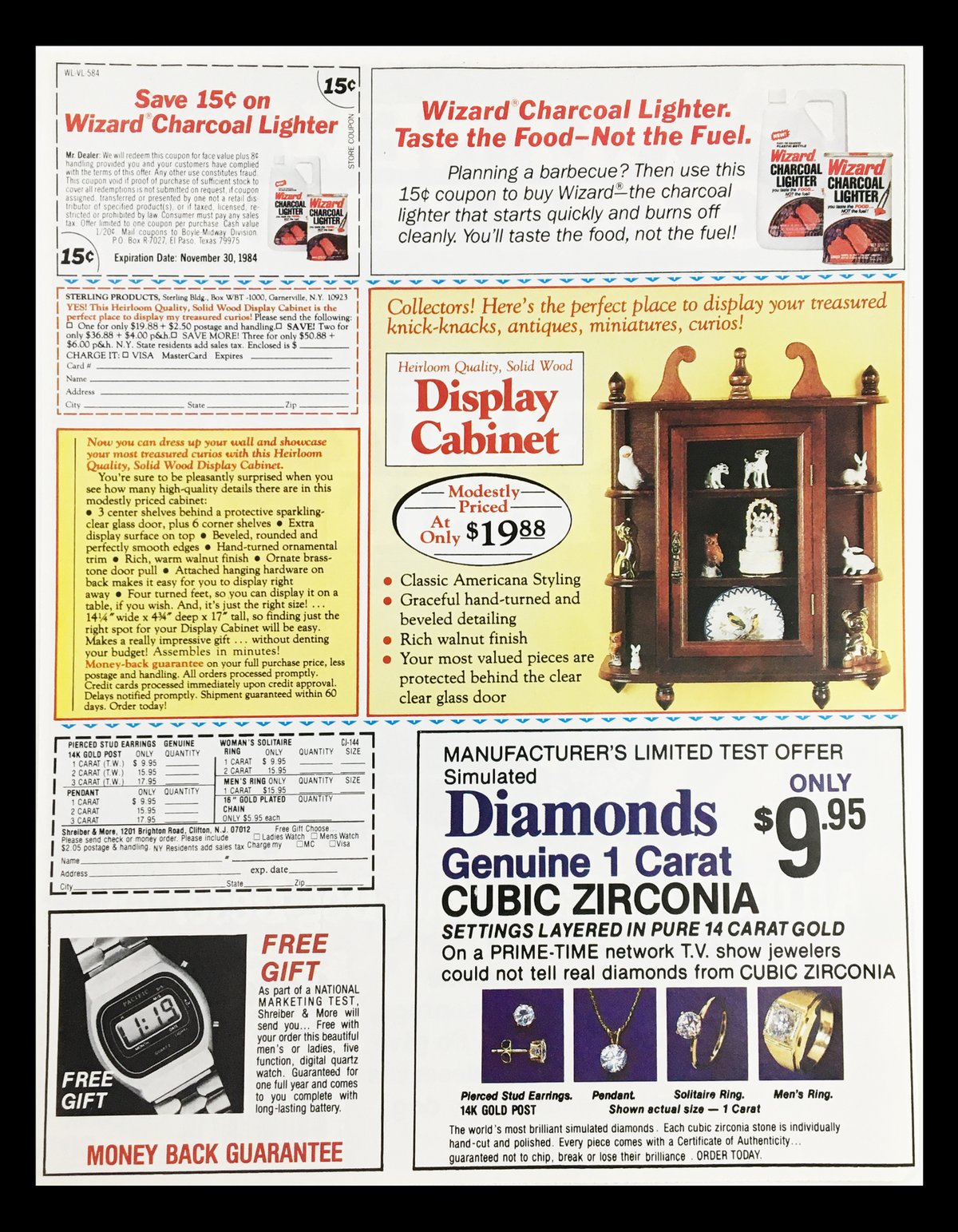 1984 Gaines Gravy Train Dog Food Circular Coupon Advertisement featuring various products, including a display cabinet, charcoal lighter, and jewelry promotions. The coupon is in good condition, measures 11 1/4 x 8 3/4, and is an original advertisement, not a reprint.