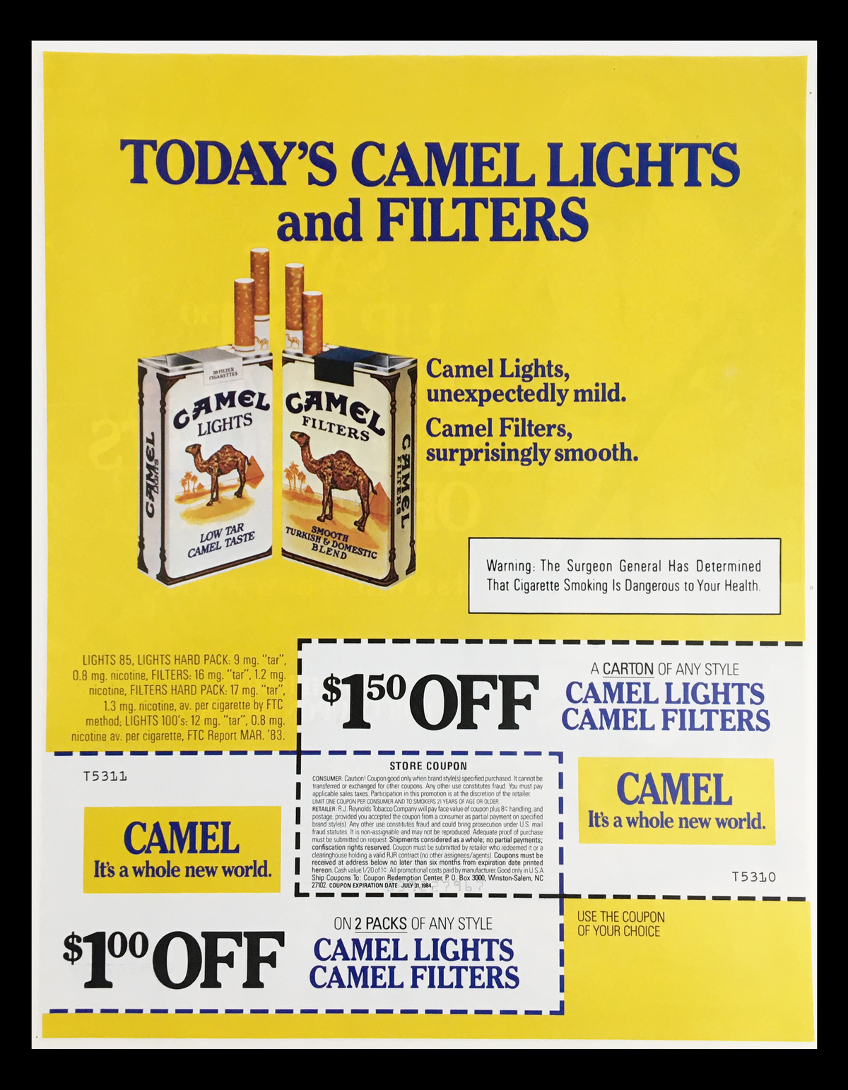 1984 Camel Lights Filters Circular Advertisement featuring Camel Lights and Camel Filters cigarette products with promotional offers and a health warning.