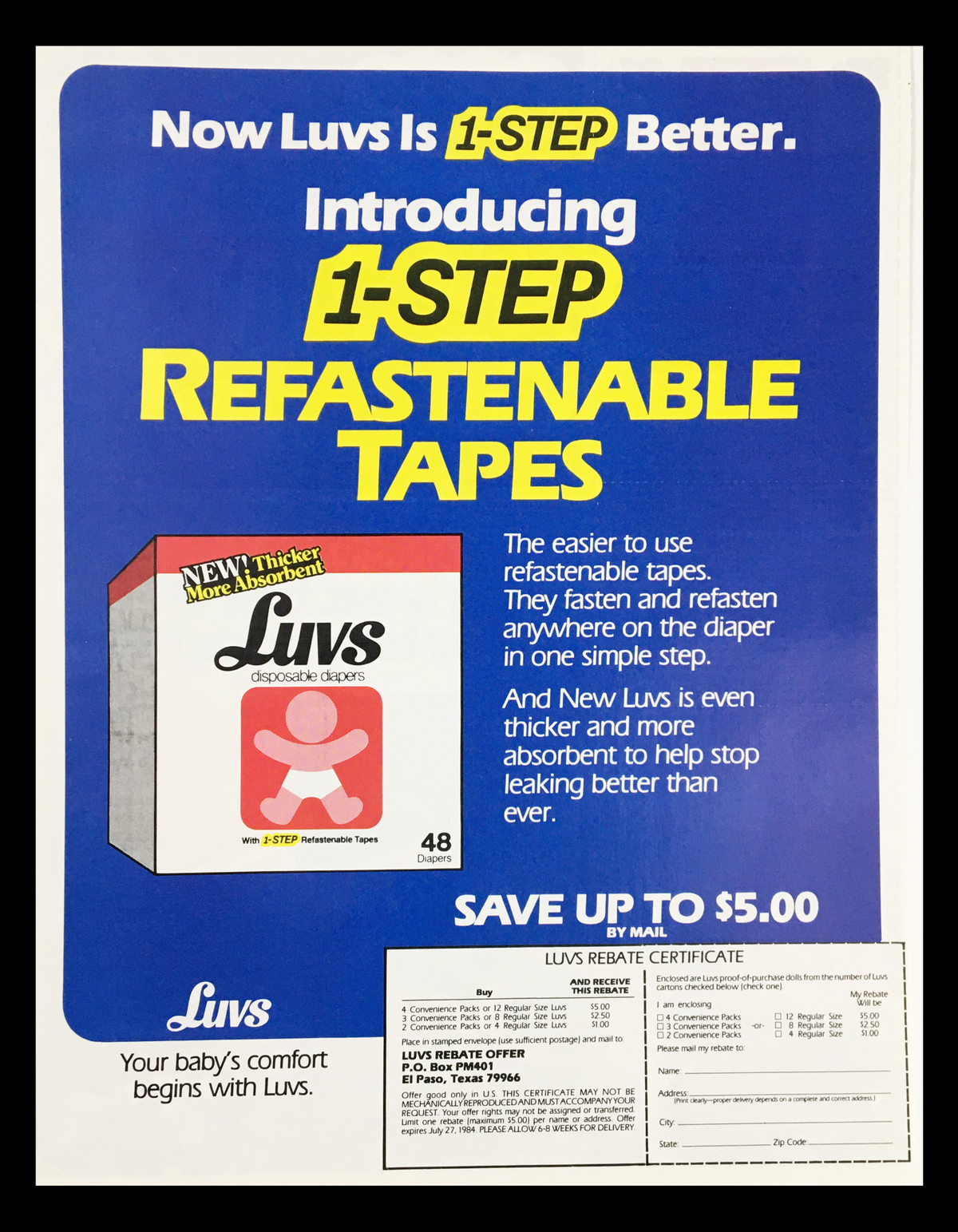 1984 Luvs Disposable Diapers Refastanable Tapes Circular Coupon Advertisement showcasing Luvs 1-STEP refastenable tape diapers, emphasizing easier usage and coupon savings.