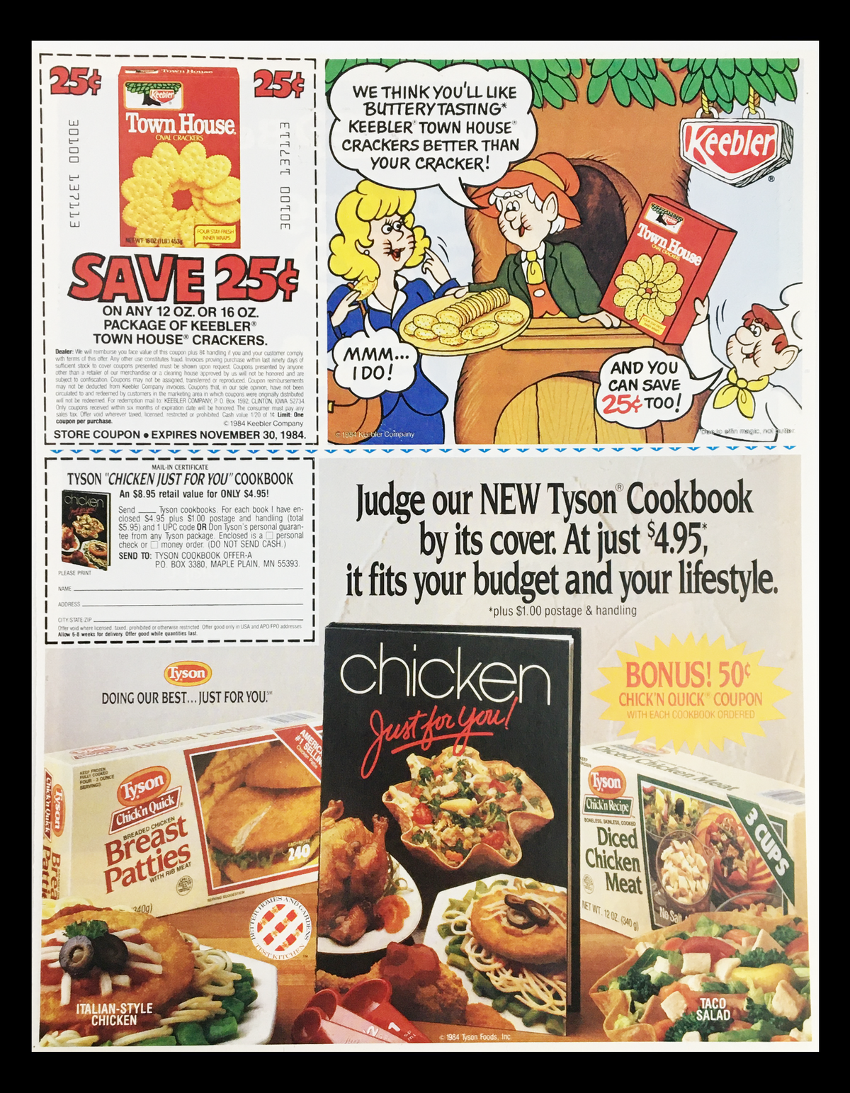 1984 Town House Cracker and Tyson Cookbook Advertisement featuring various coupons, promoting discounts on Town House crackers and Tyson products.