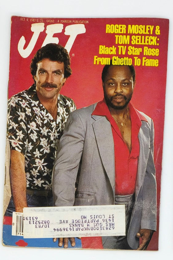 Cover of VTG Jet Magazine from October 4, 1982 featuring Roger Mosley and Tom Selleck with the headline 'Black TV Star Rose From Ghetto To Fame'.