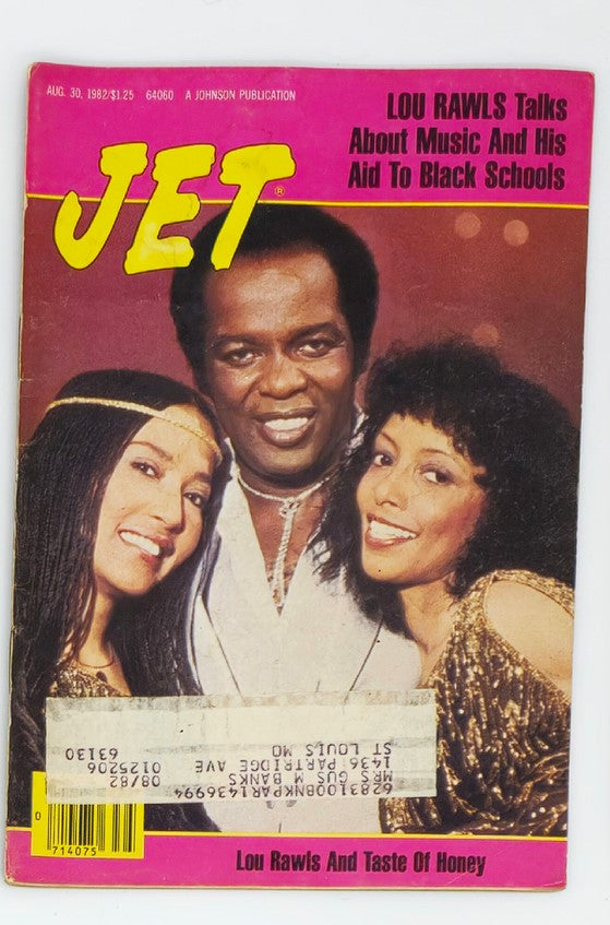 Vintage Jet Magazine cover from August 30, 1982 featuring Lou Rawls and the group Taste of Honey. The magazine highlights Lou Rawls discussing music and his contributions to Black schools.