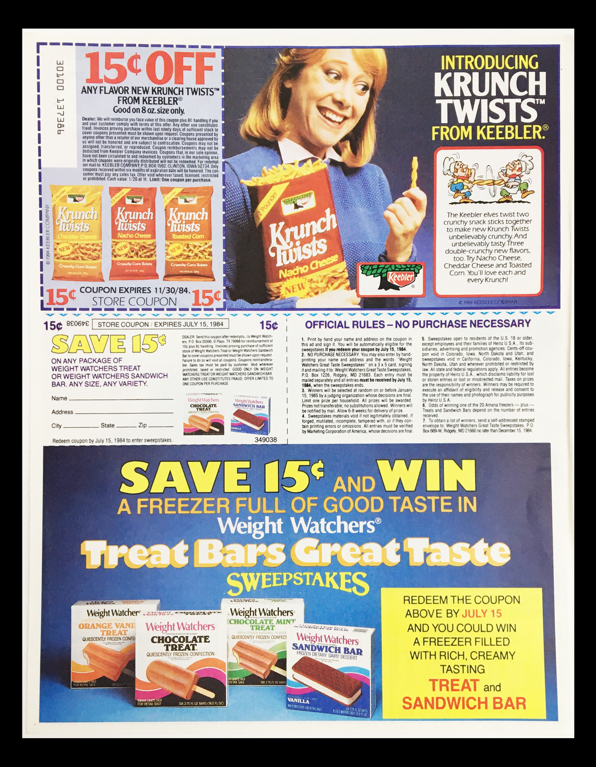 1984 Thomas' English Muffins Rise n' Dine Circular Coupon Advertisement featuring promotional offers, including a coupon for Krunch Twists snacks and a Weight Watchers Treat Bar sweepstakes.