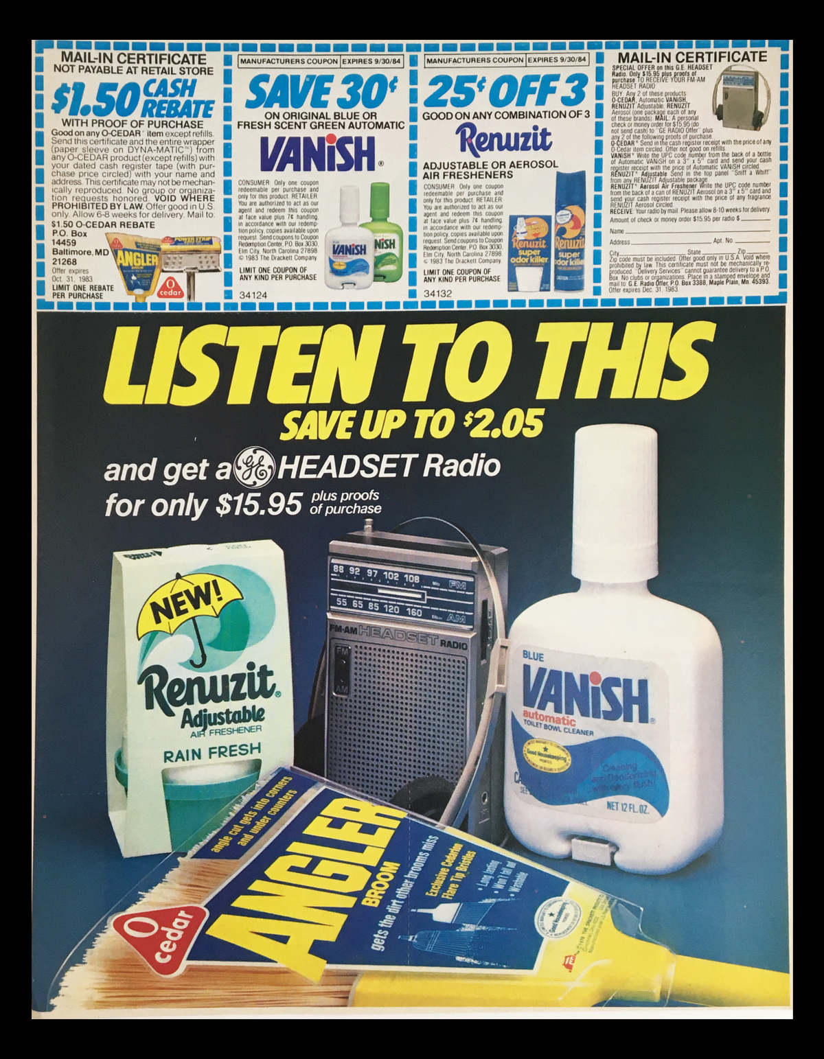 1983 Renuzit Adjustable Air Freshener Circular Coupon Advertisement featuring Renuzit Rain Fresh air freshener, Vanish toilet cleaner, and Cedar Angler broom. The ad highlights savings and promotional offers available at the time.